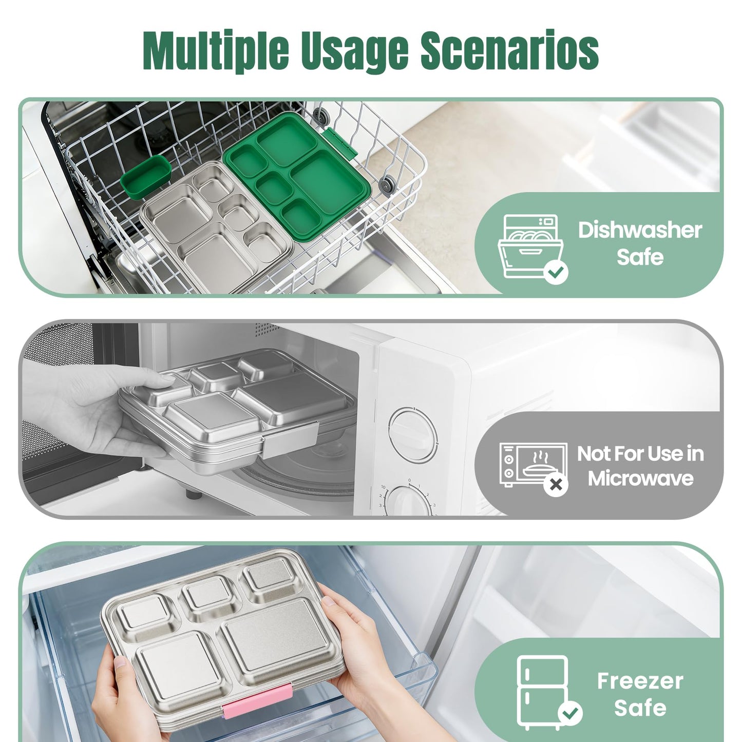 Zeekala Stainless Steel Bento Lunch Box for Kids & Adults, 5 Compartment Metal Portable Bento Box with Silicone Food Container and Removable Silicone Seal,BPA-Free,School,Office(Green)