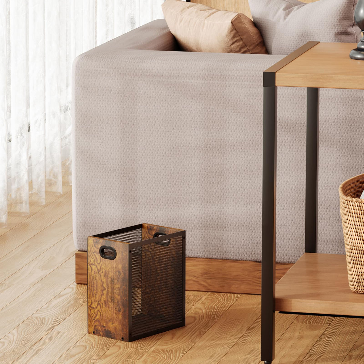 Small Trash Can, Retro Garbage Can With Handle, Iron and Wood Combination Office Trash Can, Industrial Style Design Wastebasket Bin for Bathroom, Laundry Room, Kitchen, Office, Dorm(2.2 Gallon)