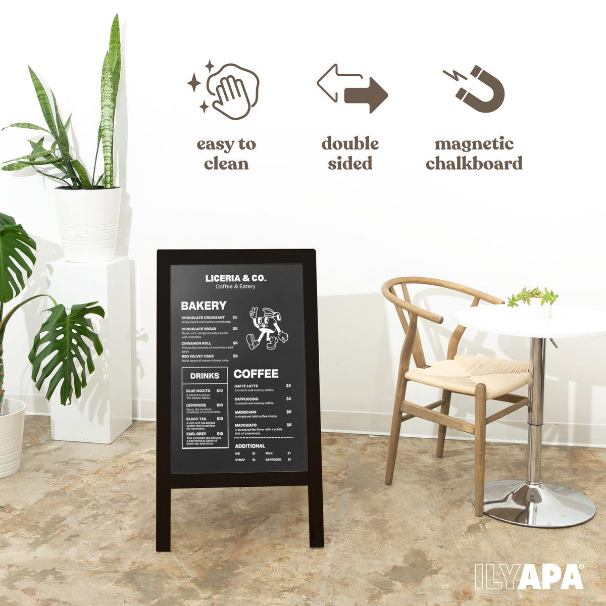 Ilyapa Wooden A-Frame Chalkboard Sign with Eraser, 40 x 20 Inch Magnetic Sidewalk Menu Board, Black Menu Display for Restaurant, Business, or Weddings