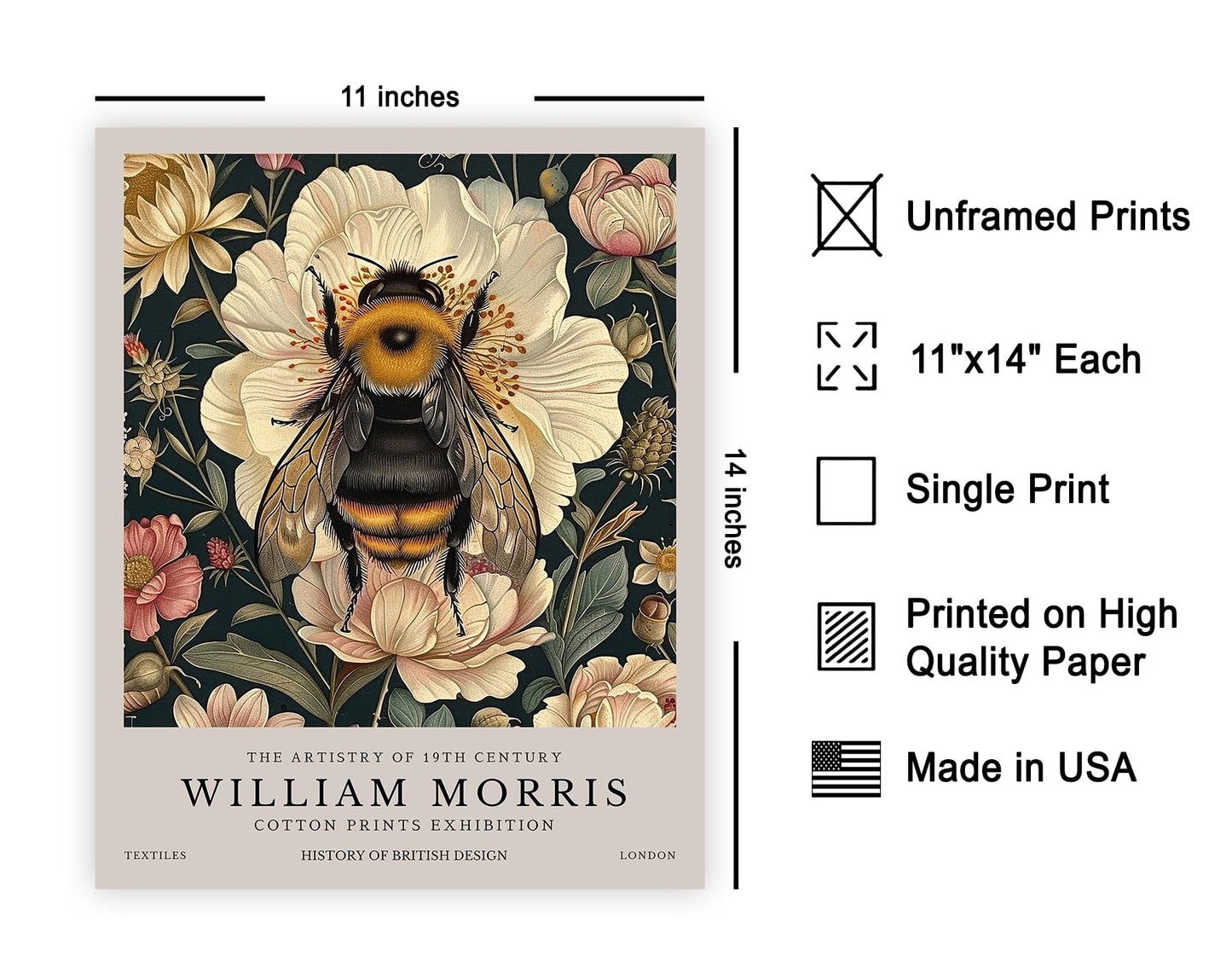Monem Art William Morris Poster - Bumble Bee Print - Flower Poster - Botanical Poster - Floral Painting - Bee Artwork - Aesthetic Office or Bedroom Decor - 11x14 UNFRAMED Wall Decor