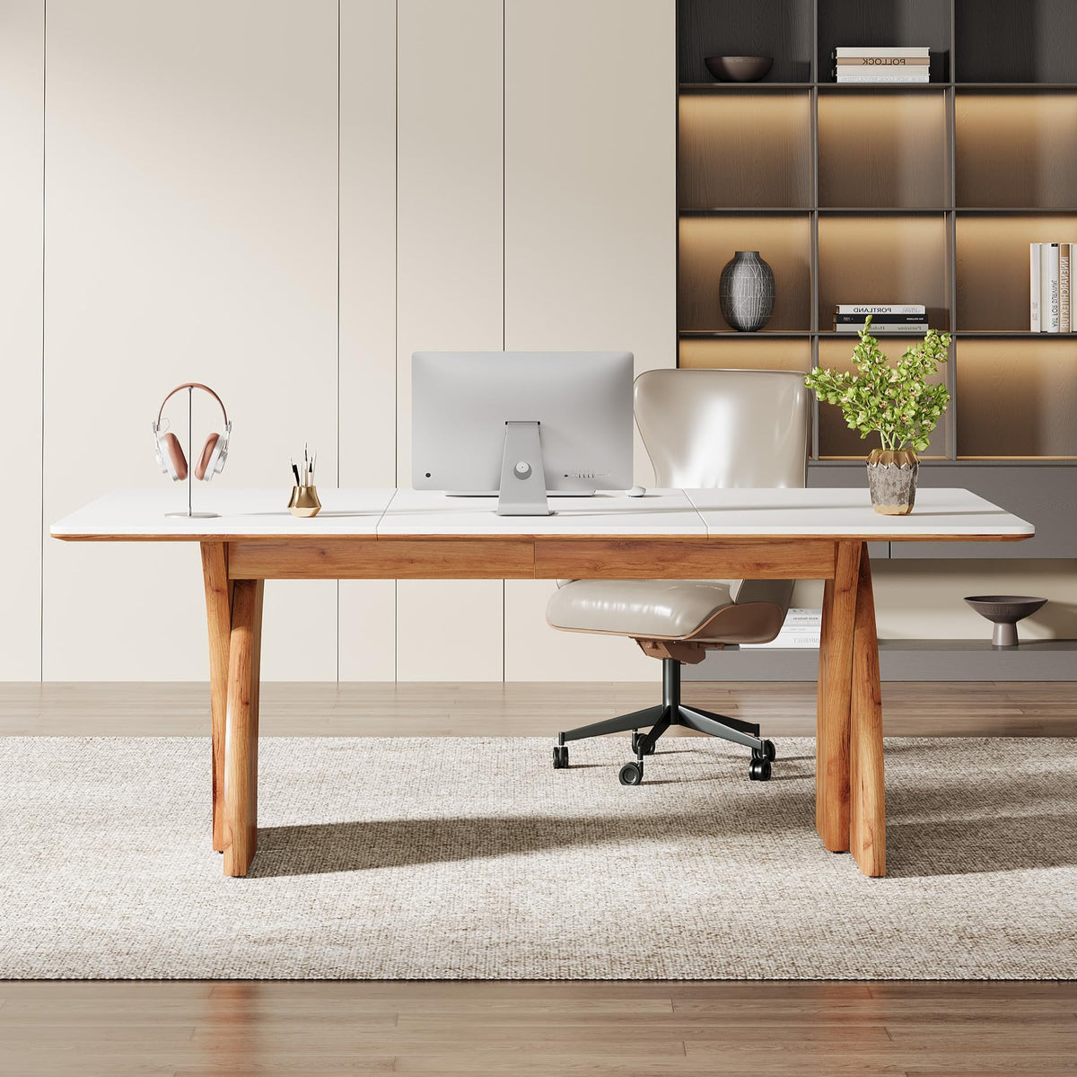 Tribesigns 63-Inch Executive Desk, Large Office Computer Desk with Heavy Duty Legs, Simple Laptop Desk Study Writing Table Business Furniture for Home Office (White and Brown)