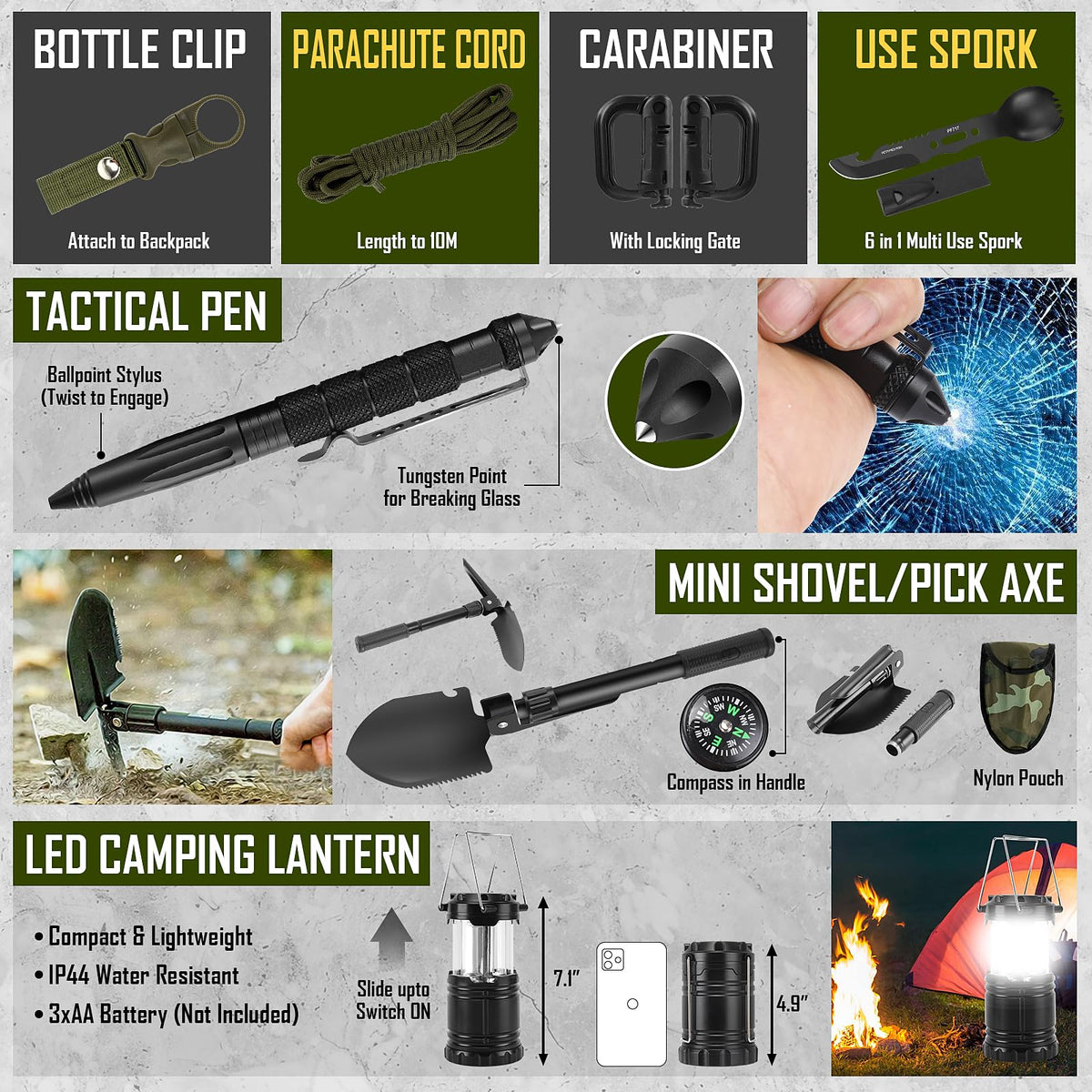 Survival Kit, 268 Pcs Emergency Survival Gear and Equipment Supplies with First Aid Kit, Camping Axe, Headlamp, Crossbody Bag for Camping Hiking, Hunting, Gift for Christmas Men, Dads,