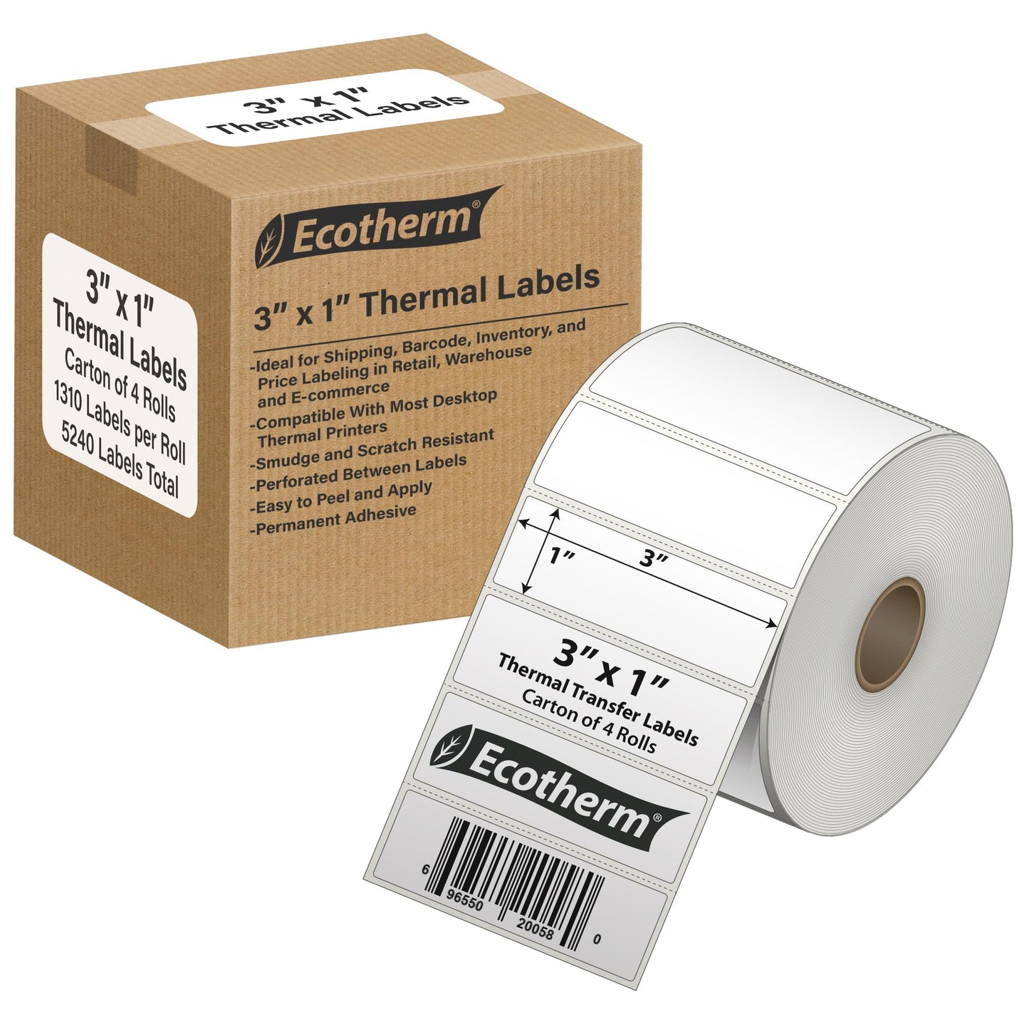 3" x 1" Thermal Labels | 4 Rolls | 5240 Labels | fits Zebra, Munbyn, Rollo, Godex, Arkscan, iDPRT, Offnova Thermal Label Printers and More | Blank White Adhesive Stickers by Ecotherm