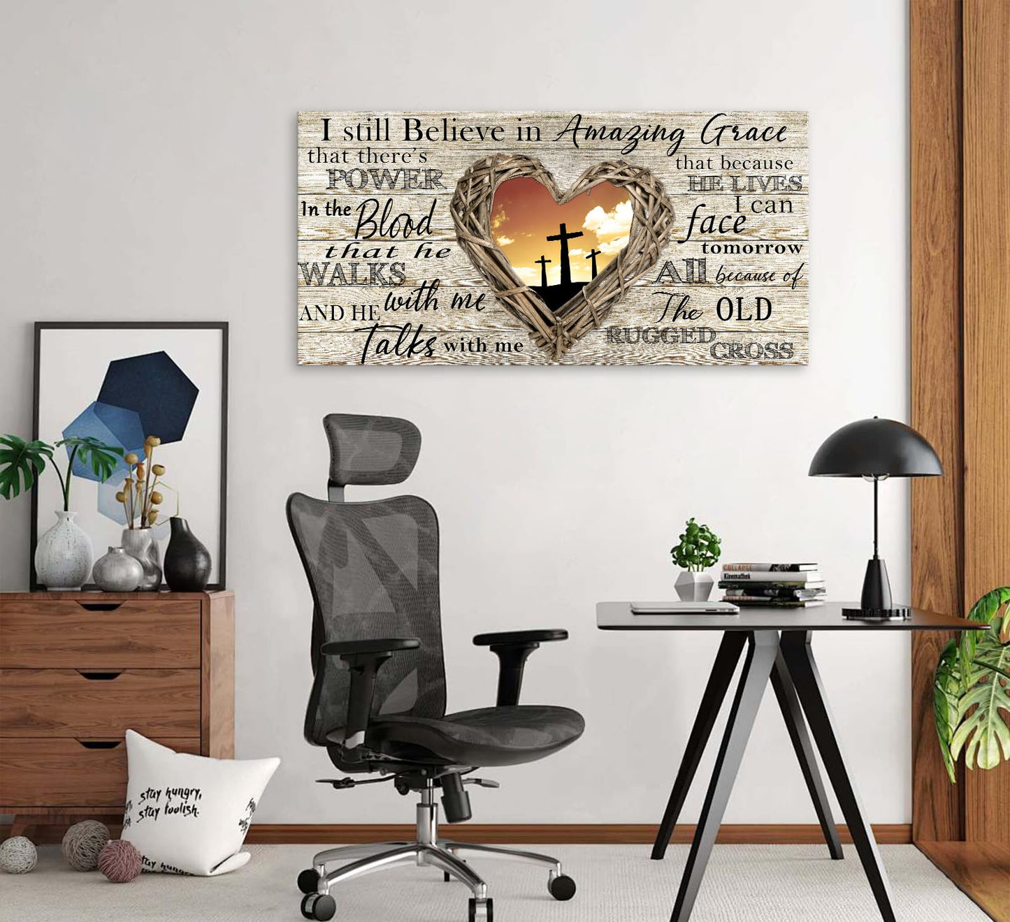 Cao Gen Decor Art A63550 Amazing Grace Wall Art Decor Canvas Print Picture Christian 1 Panel Religious Cross Painting Artwork for Living Room Bedroom Office Home Wall Decor Framed Ready to Hang