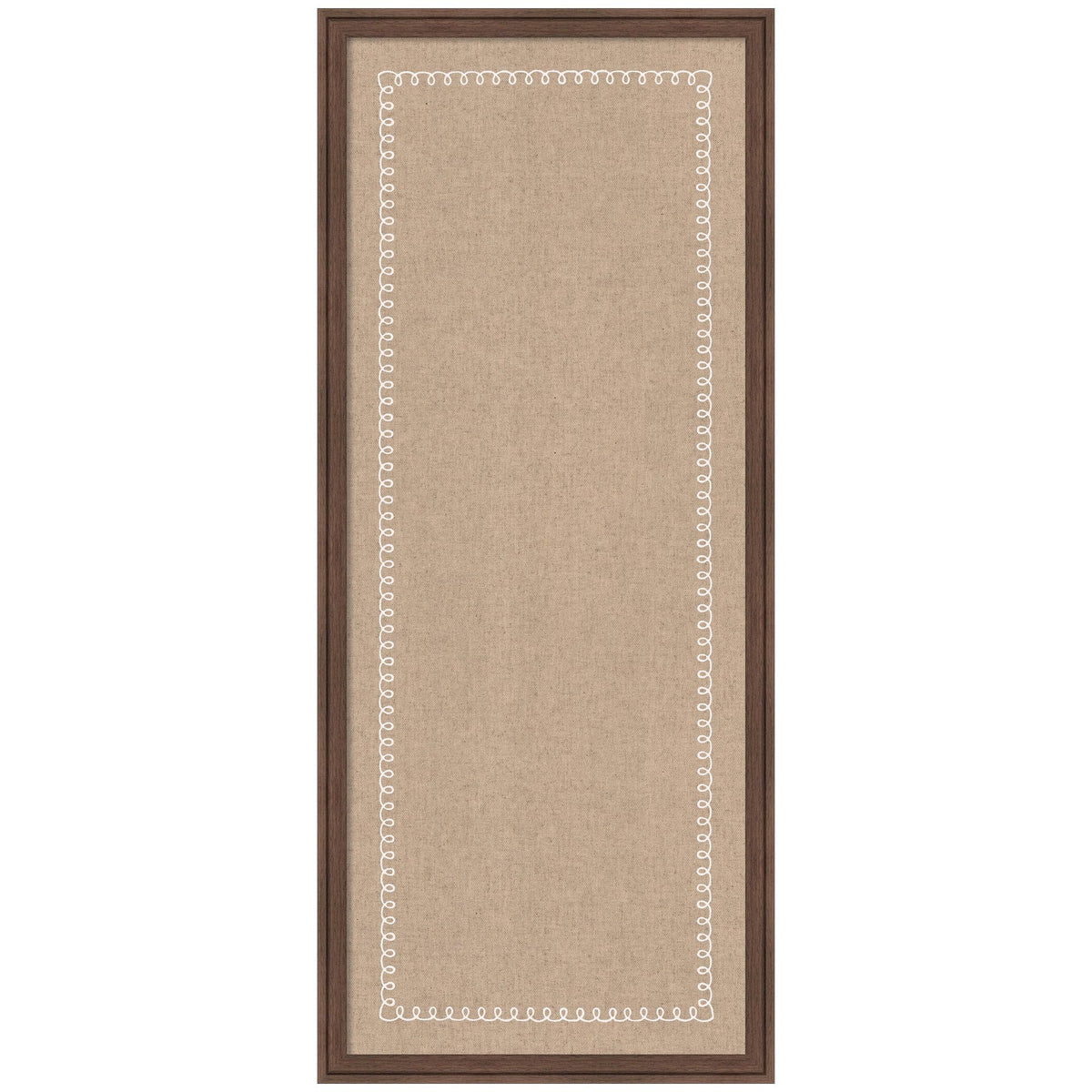 Kate and Laurel Framed Fabric Pinboard 18 x 42, White Scalloped Edge Printed Linen Classic Bulletin Board for Use as a Vision Board or Wall Organization, Florence Medium Brown Frame