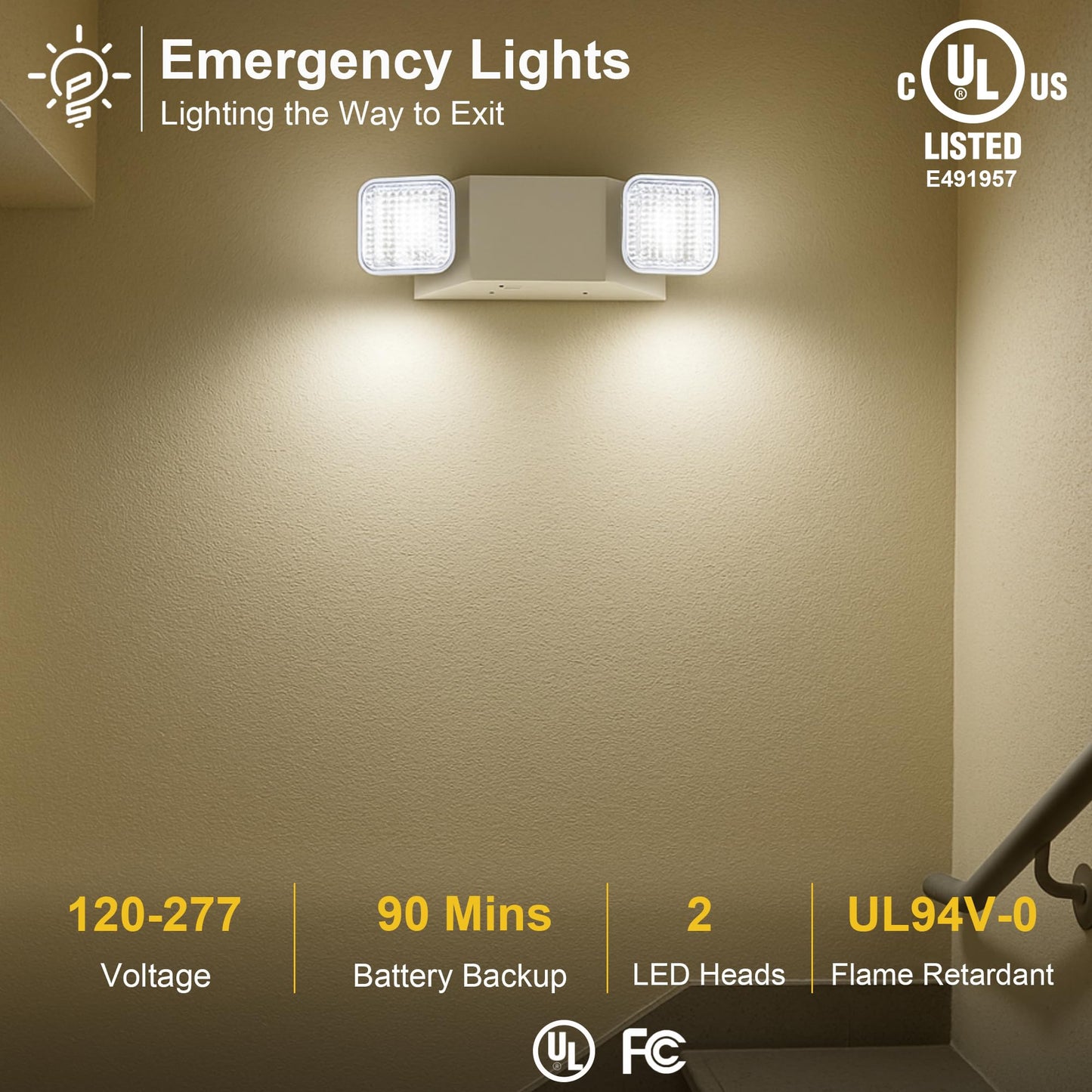 GRUENLICH LED Commercial Emergency Light with Dual Head and Backup Battery, US Standard, AC 120-277V, Hardwired Emergency Light Fixtures for Business Office Power Outages, 12-Pack