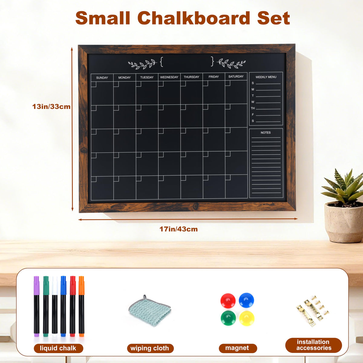 Marribol Chalkboard Calendar for Wall,13" x 17",Small Rustic Framed Magnetic Chalkboard for Home Kitchen Office School