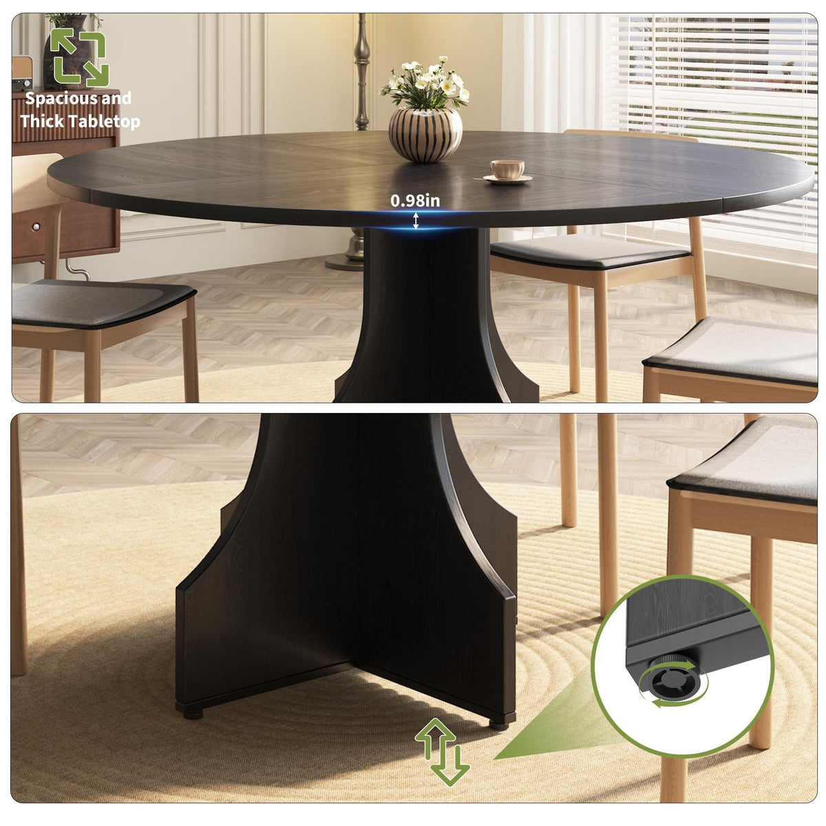 Round Dining Table 47 Inch for 4-6 People, 0.98 Inch Thick Tabletop with Adjustable Feet, Sturdy Legs, Easy to Clean & Assemble, Modern Kitchen Dining Room Table for Small Space Apartment, Black