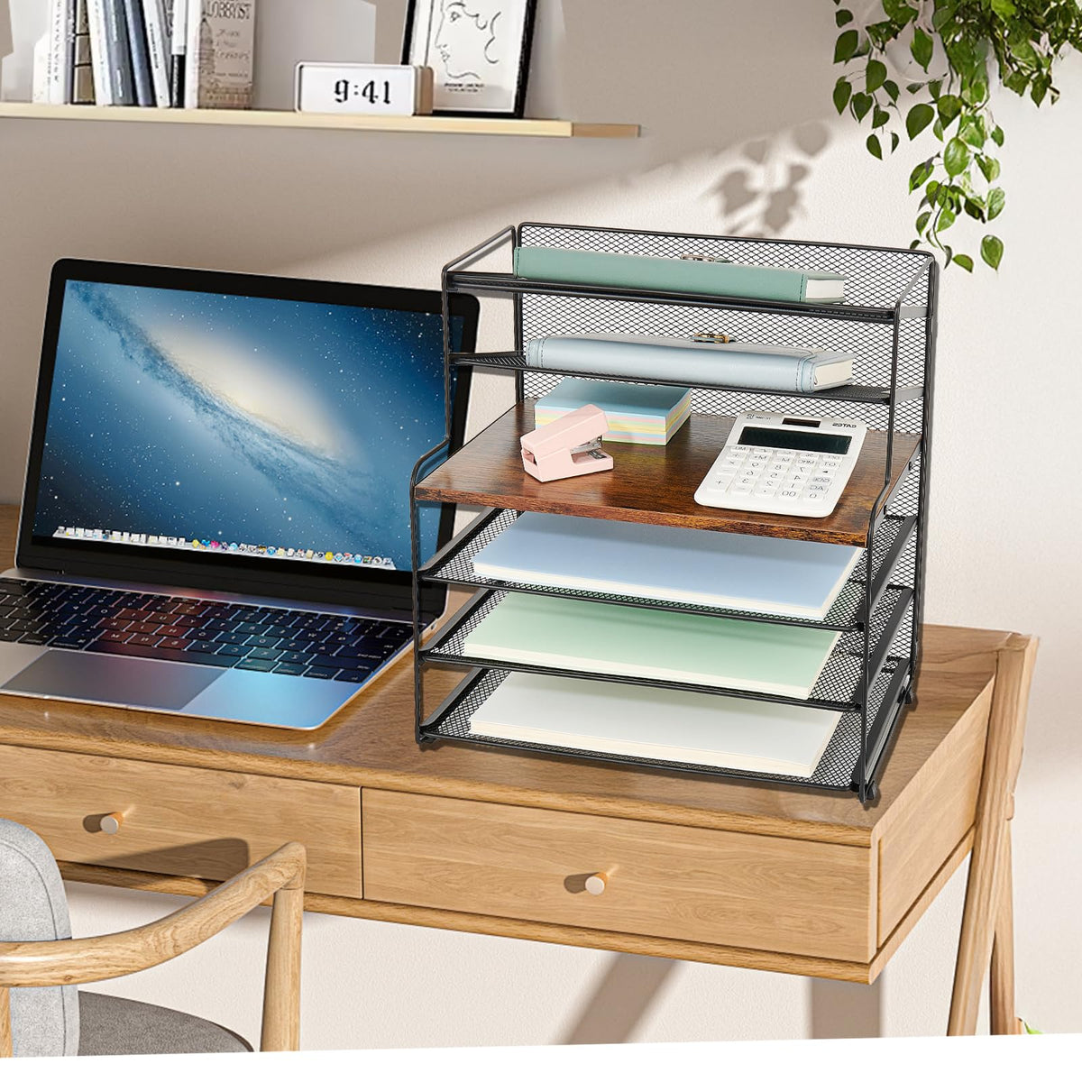 OPNICE 6-Tier Letter Tray Paper Organizer, Desk Organizers and Accessories, Desktop File Organizer, Office Desk Accessories for Office Supplies (Wood Brown)