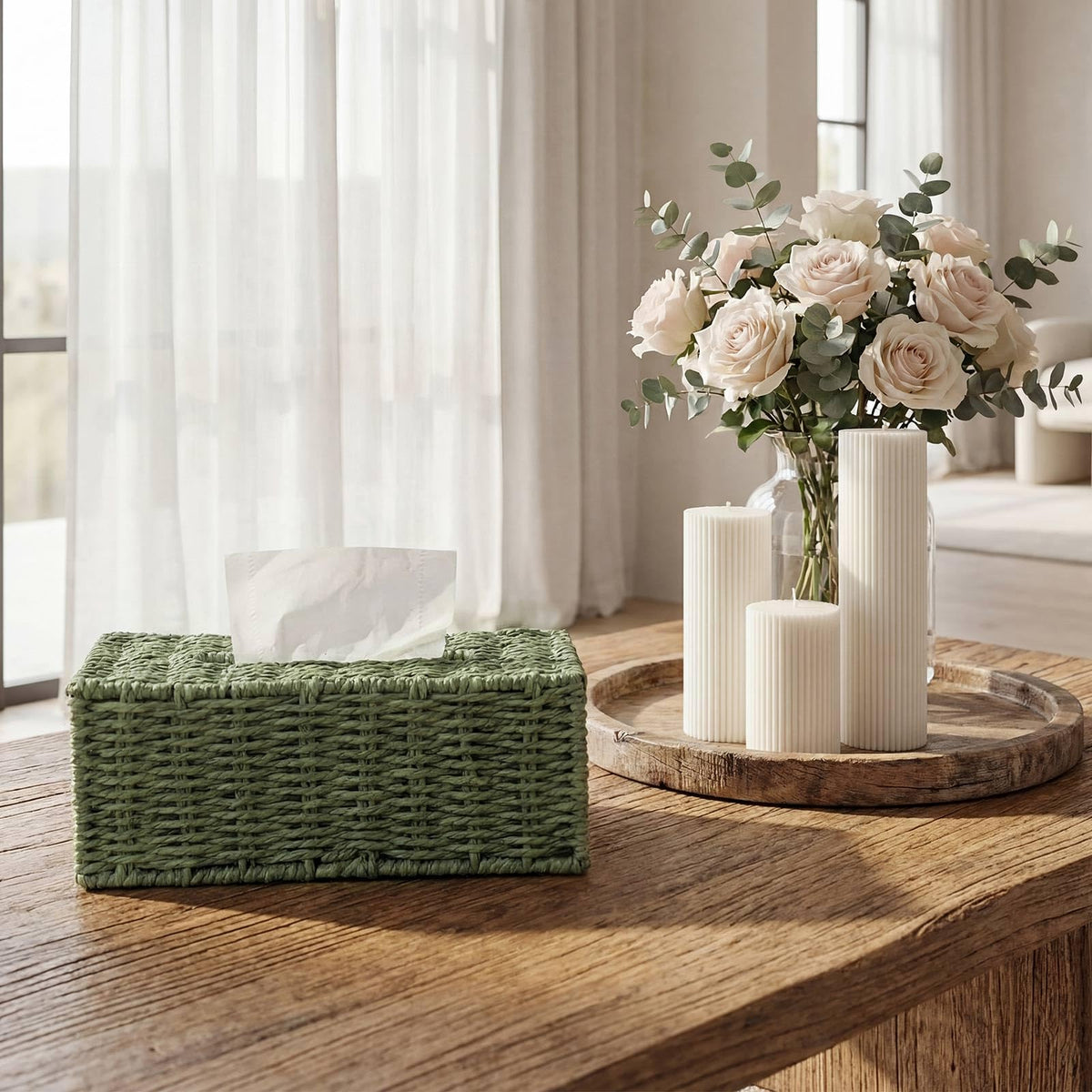 Acellegic Sage Green Tissue Box Cover Rectangle Natural Paper Rope Hand Woven Tissue Box Holder for Bathroom Living Room Bedroom Kitchen Table Desk Office Farmhouse Home Decor