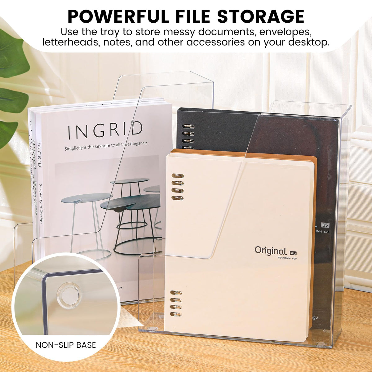 CiWiVOKi Vertical File Holder, PET Desk Organizer, Multi-purpose Plastic Document Storage Bins for Magazines, Binders, Notebooks, Envelopes, 2 Pack