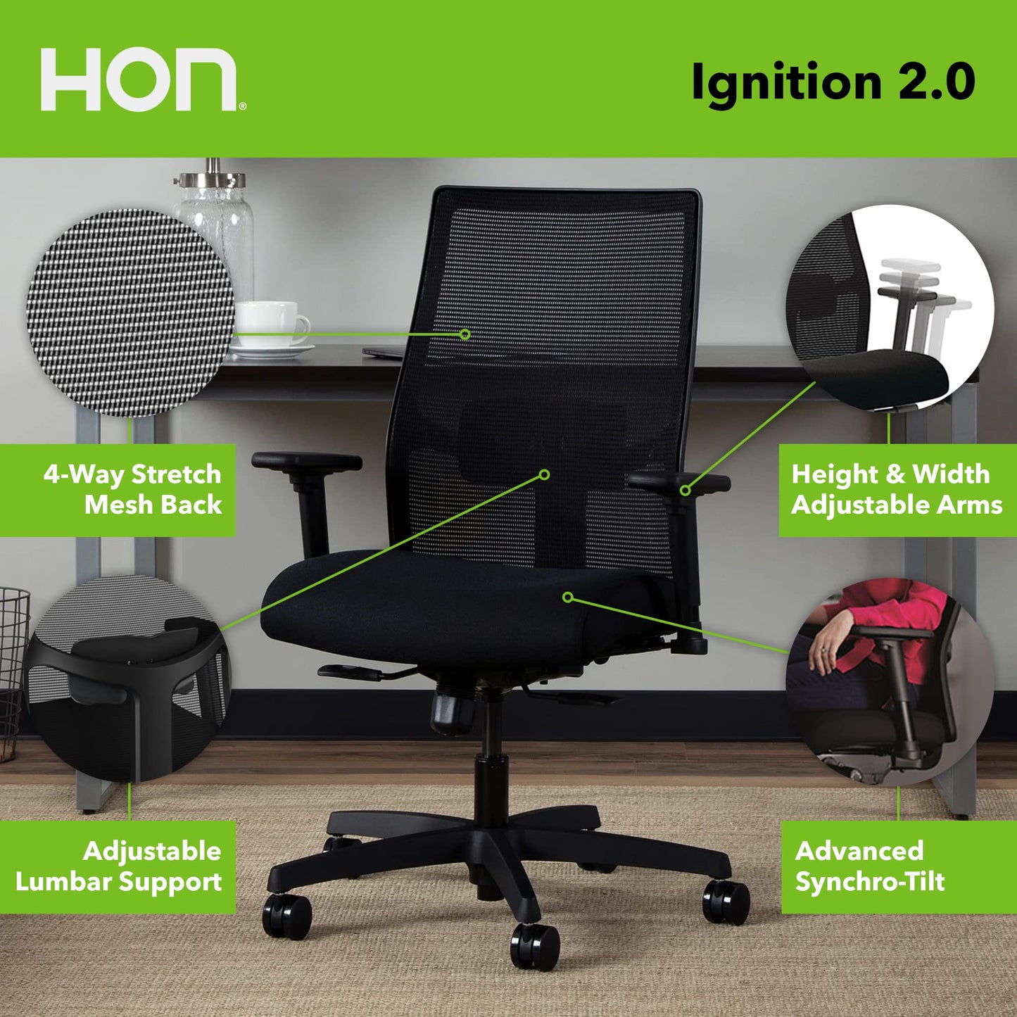 Bundle of HON Office Desk Chair Ignition 2.0 - Ergonomic Desk Chair, Home Office Chairs, Adjustable Lumbar & Armrests, Black + Carpet Chair Mat (36” x 48”)