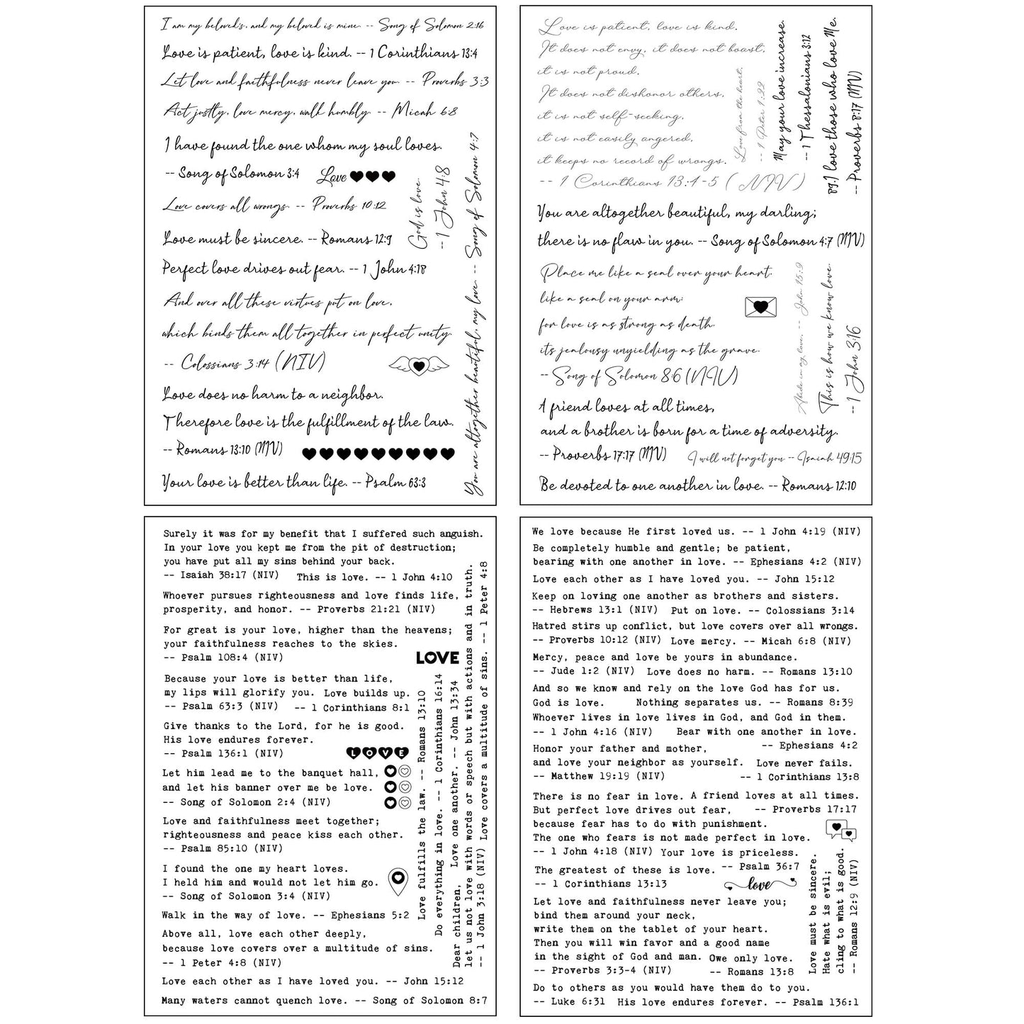 Esland Bible Verses Planner Stickers – 4 Sheets of Love Quotes, Retro Typewriter & Hand Lettering Styles, Inspirational Christian Stickers for Journaling, Scrapbooking, Bible Study, and Crafts