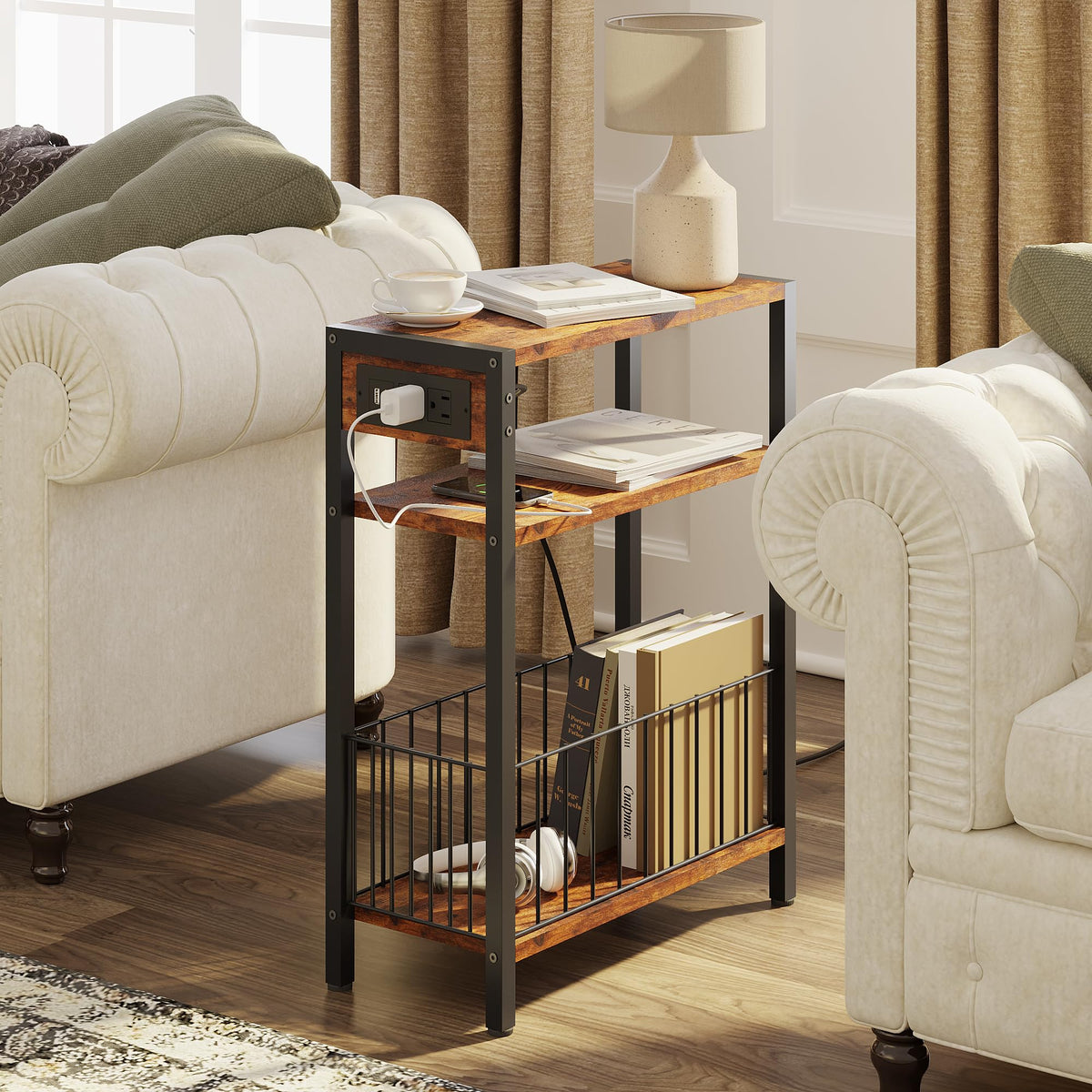 TRIFEBLE Narrow Side Table with Charging Station, Small End Table for Small Spaces, Slim Nightstand with Storage Basket, 3 Tier Skinny Bedside Table for Living Room, Bedroom, Rustic Brown