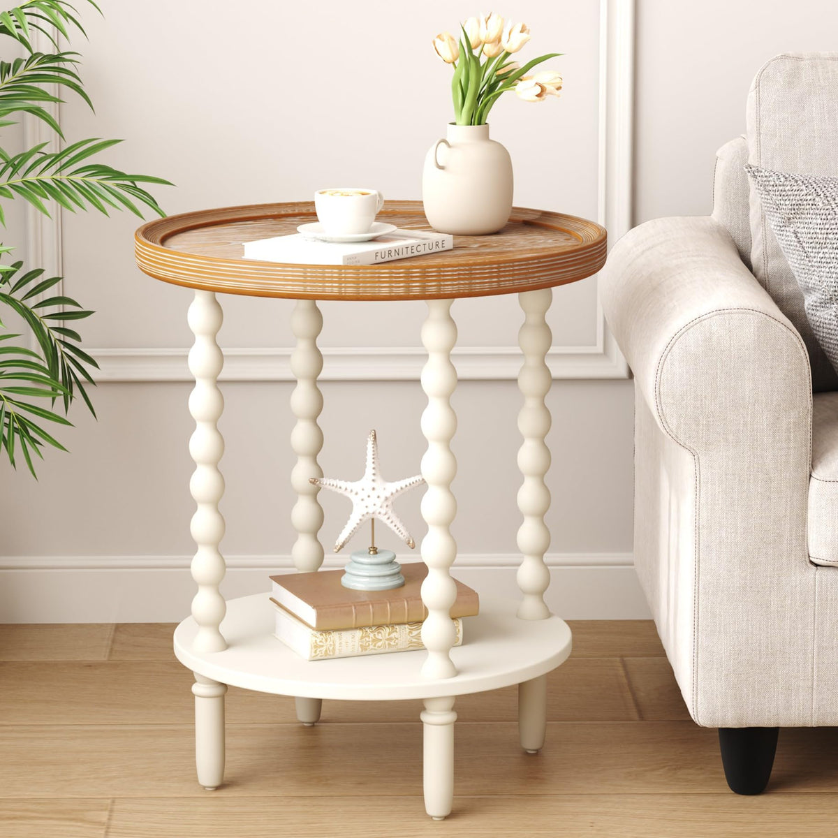 Function Home Round End Table, Farmhouse Side Table with Storage Shelf, 2 Tier Wooden Nightstand, 19.2” Accent Table for Living Room Bedroom Small Space, Natural Tray Top and Vintage White Spindle Leg