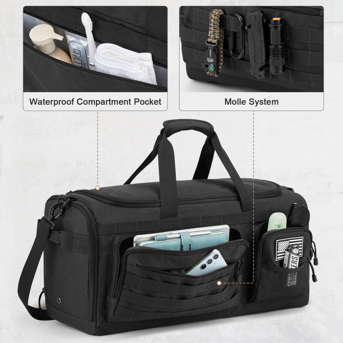 G4Free 3-in-1 Travel Duffle Bag for Men and Women, 50L Large Gym Sports Bags Tactical Military Duffle Backpack with Shoes Compartment and Wet Pocket (Black)