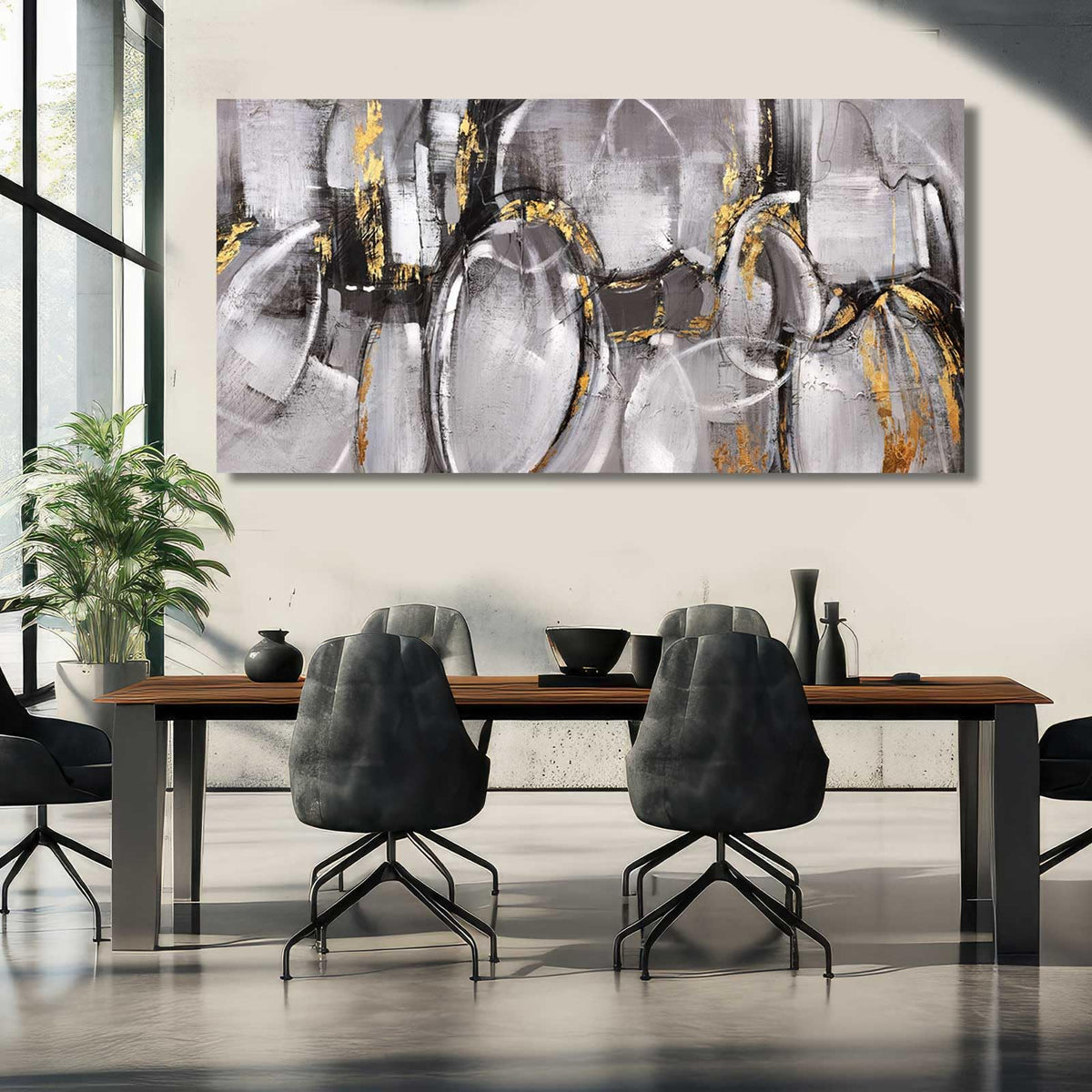 XIANSHOU Black and Grey Painting Pictures Abstract Wall Decor for Office 29"x 58" Modern Artwork Gold Foil Wall Art for Living Room Dining Room Bedroom