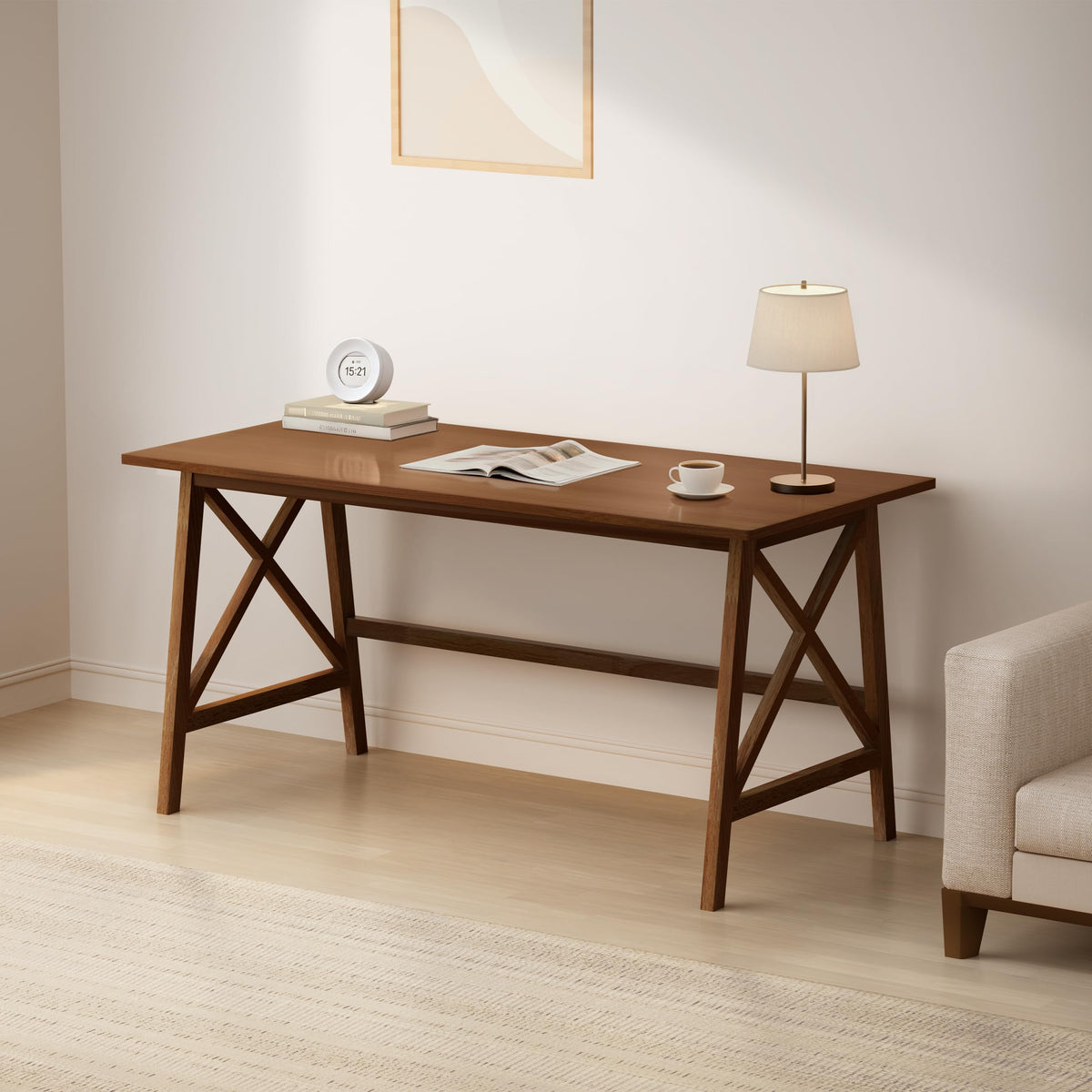 NELYE Modern Solid Wood Desk - 54" Simple Computer Table for Home Office Study Writing Workstation in Walnut, 54" W x 24" D
