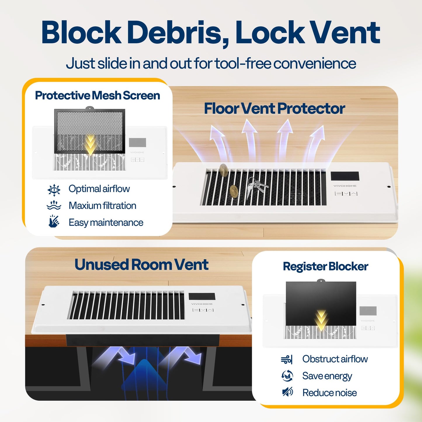 VIVOHOME Quiet Register Booster Fan with Opening 4" x 12" - Smart Thermostat, 10-Speed Control, Removable Dust-proof Mesh & Register Blocker, White