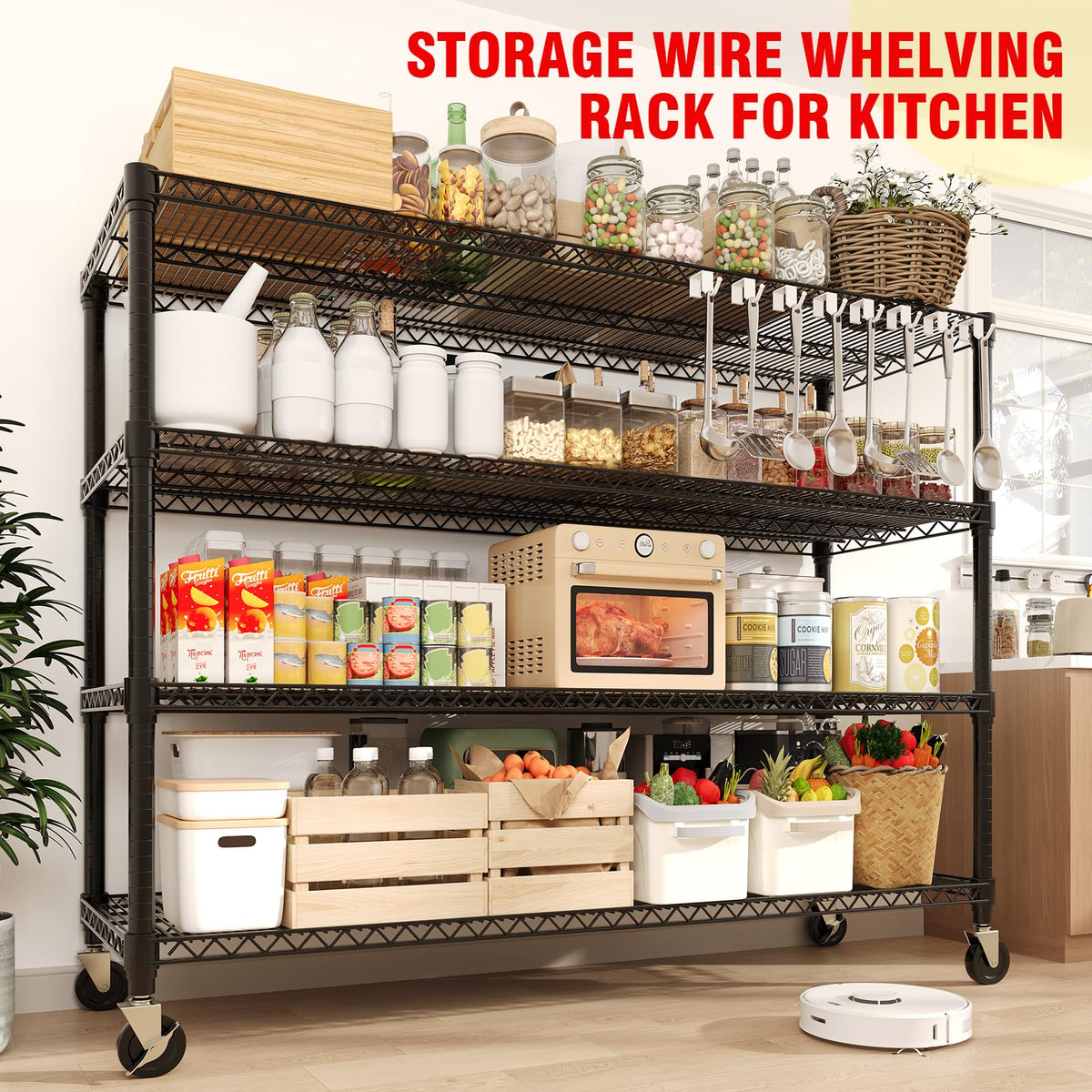 Garvee 4-Tiers Storage Shelves Heavy Duty Garage Shelving Units with Wheels 59" W x 71.8" H, 2640LBS Rolling Wire Shelving Rack, Adjustable Shelf for Garage Kitchen Warehouse Industrial Pantry