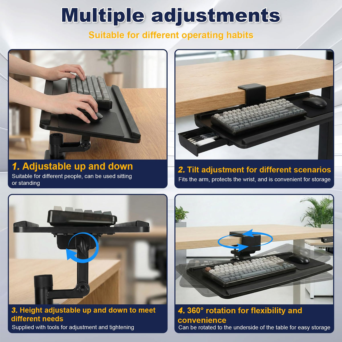 Upgraded Adjustable Keyboard Tray with Drawer for Above Desk & Under Desk Use, 25"×10.6" Ergonomic 360° Rotating Keyboard Stand with Wrist Rest, Clamp On Keyboard Platform for Office Gaming Studying