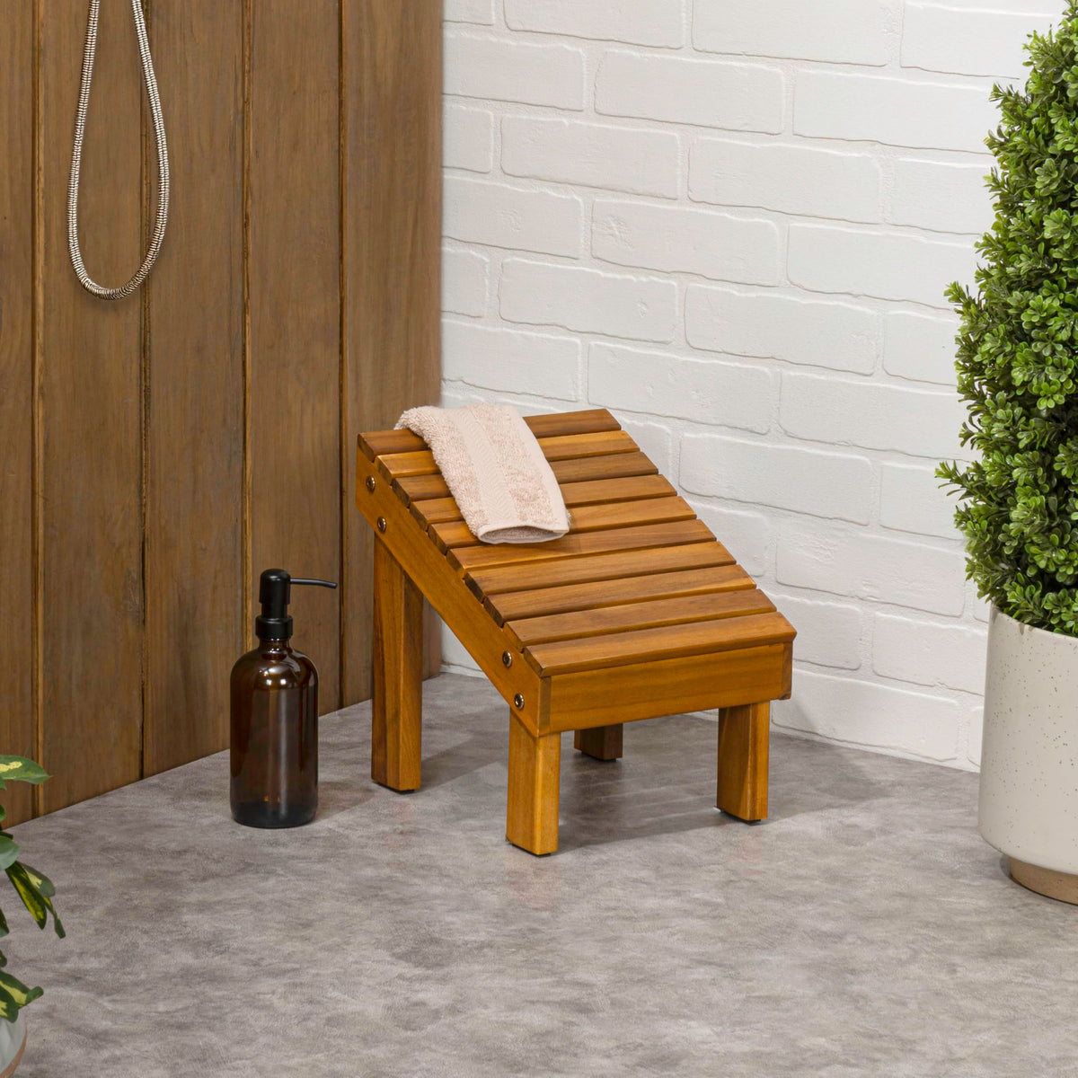 JONATHAN Y Saru Solid Acacia Wood Shower Foot Rest for Shaving Legs, 11.8" Minimalist Water-Resistant Slanted Spa Stool for Inside Shower, Natural STL1004A