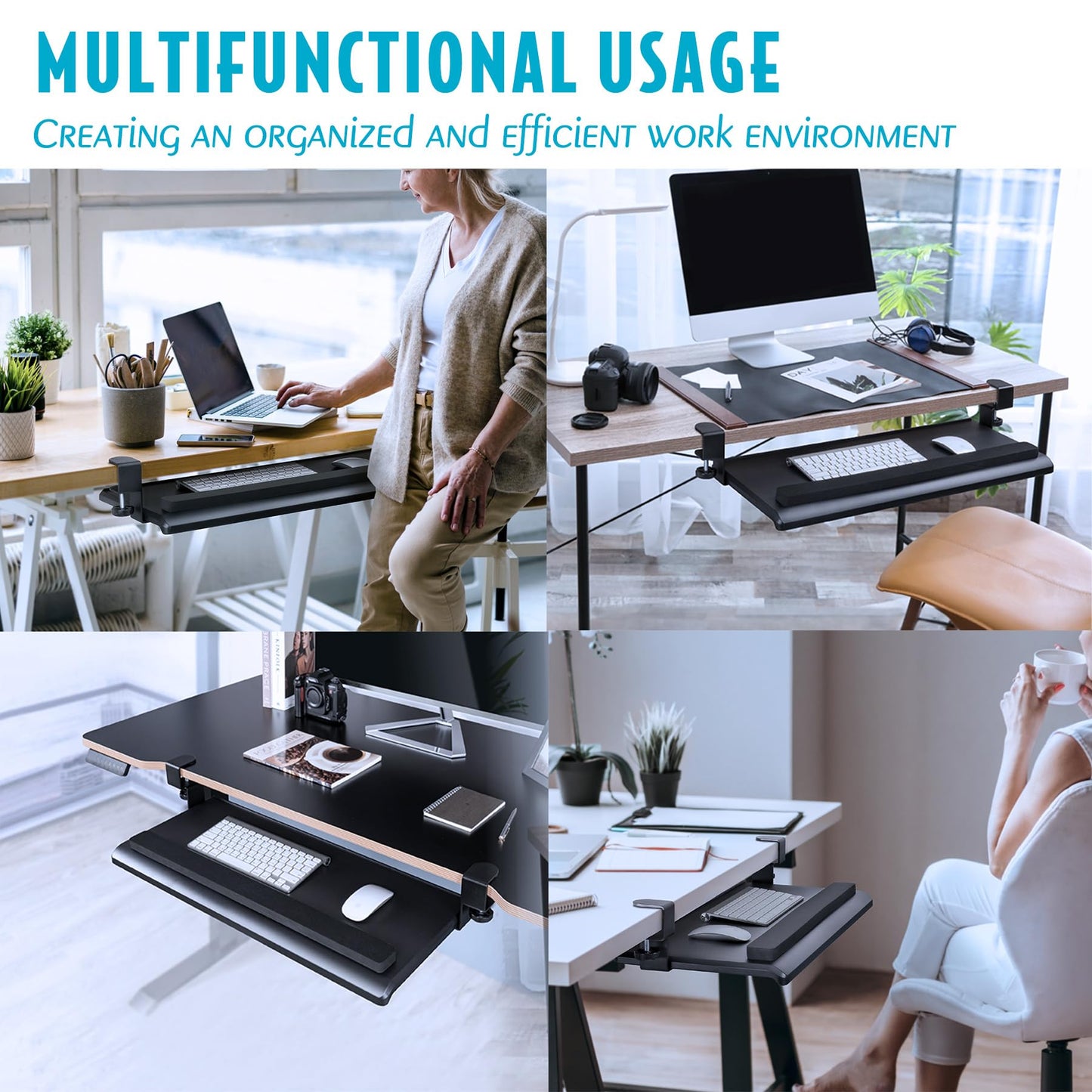 EHO Large Ergonomic C-Clamp Keyboard Tray Mount Under Desk with Wrist Rest, Slide-Out Platform 27.5" (31.8" Including Clamps) x 12.5", Pull Out Keyboard & Mouse Tray for Home or Office, Black