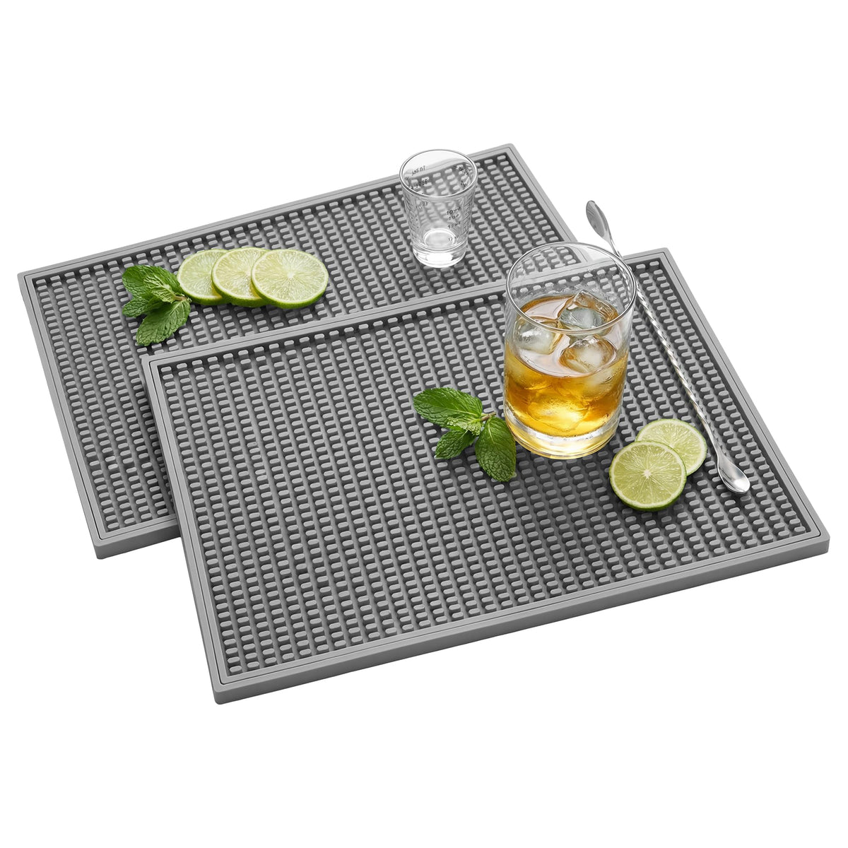 ZJWZLG Bar Mat - 18"X12"(2 Pcs) Rubber Bar Mats for Countertop & Dish Drying, Non-Slip Bartender Mat with Airflow Design for Home Bar, Cocktail Set, Kitchen & Outdoor Use (Gray)