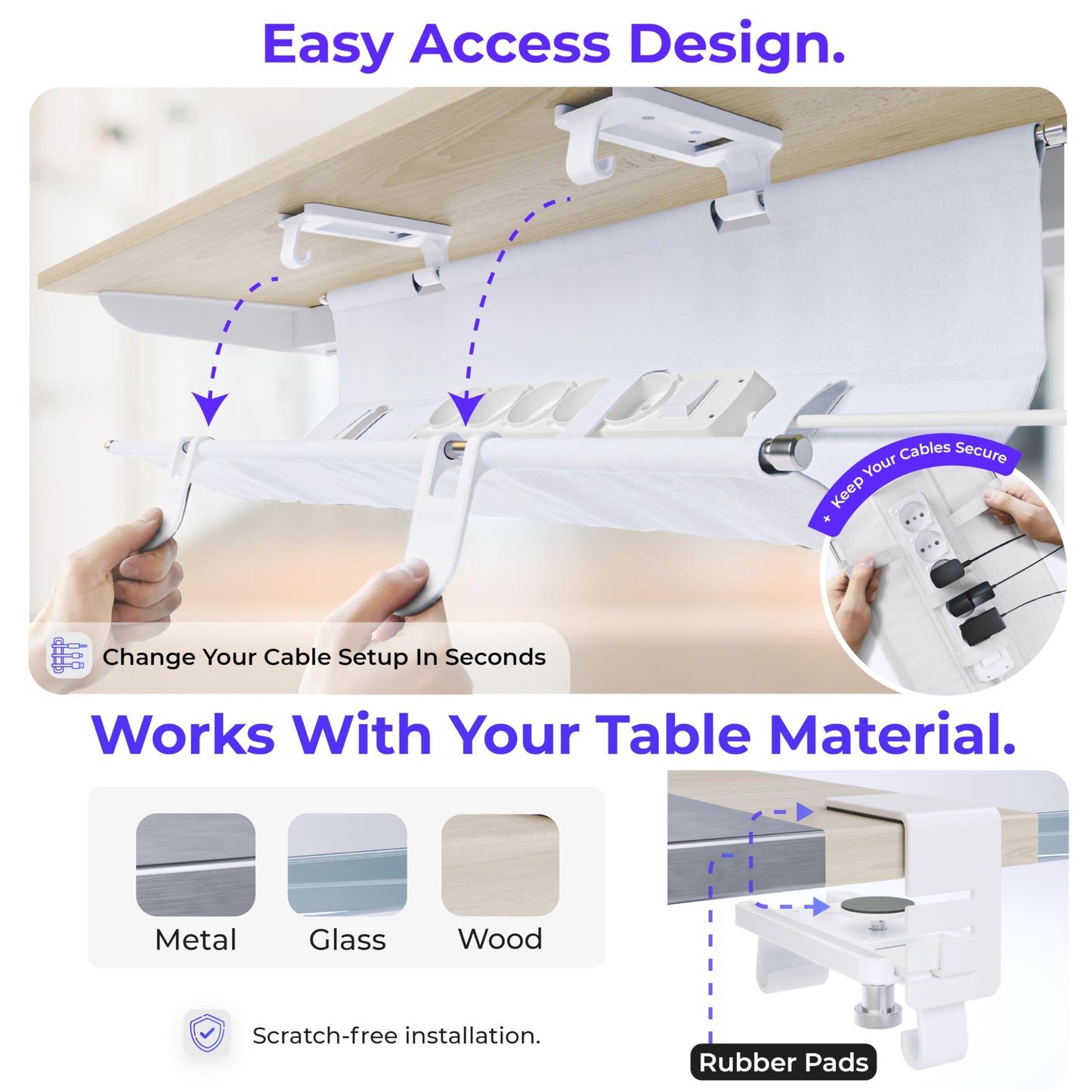 Ascrono Original No Drill Under Desk Cable Management Tray 53.9" - Premium White Fabric Cable Management Under Desk - Clamp/Screw Mount Cord Organizer - Supports Upto 66lbs - Extra Large