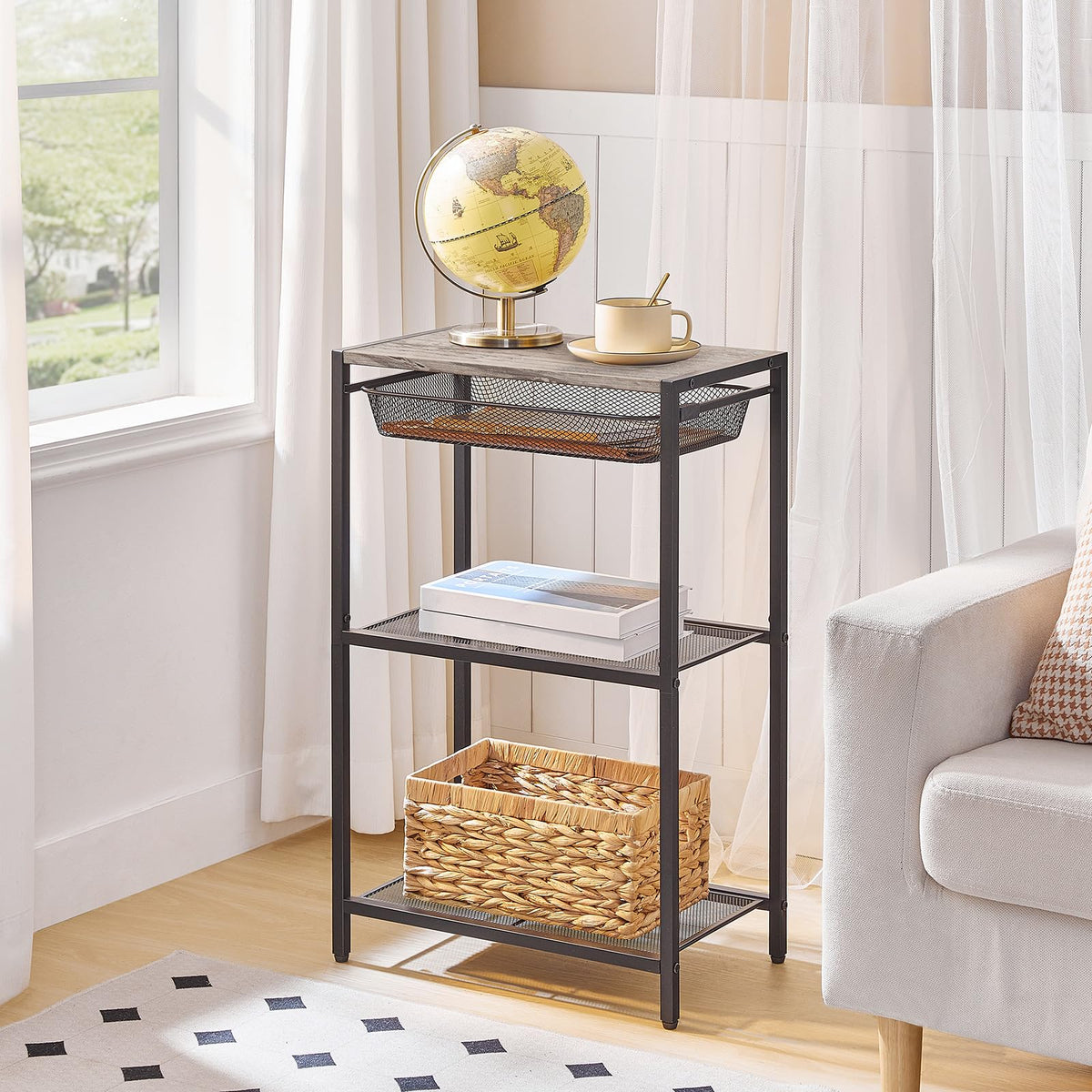 HOOBRO 28.7 Inch Tall Side Table, 3-Tier Industrial Telephone End Table with Adjustable Metal Mesh Basket, Desk Side Table with Storage Shelves, for Living Room, Bedroom, Office, Greige BG06DH01
