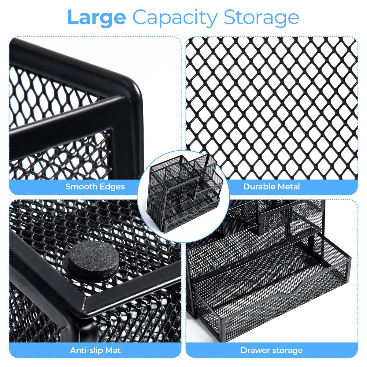 M&G Mesh Pen Holder for Desk, Multi-Functional Pencil Holder with Drawer Desk Organizer, Large Capacity Office Desk organizers and Accessories (Black)