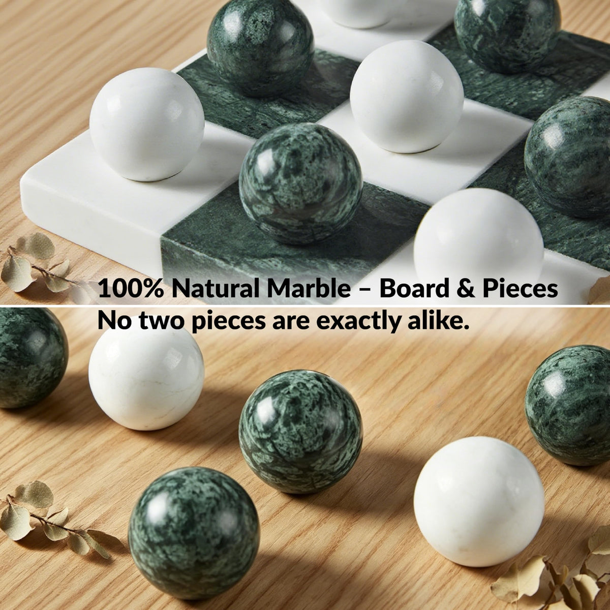 Green Marble Tic Tac Toe Board, Fresh Elegant Checkerboard, 7x7 Inch Premium Handcrafted Marble Tic Tac Toe Board, Modern Room Decor for Living Room, Office, Coffee Table