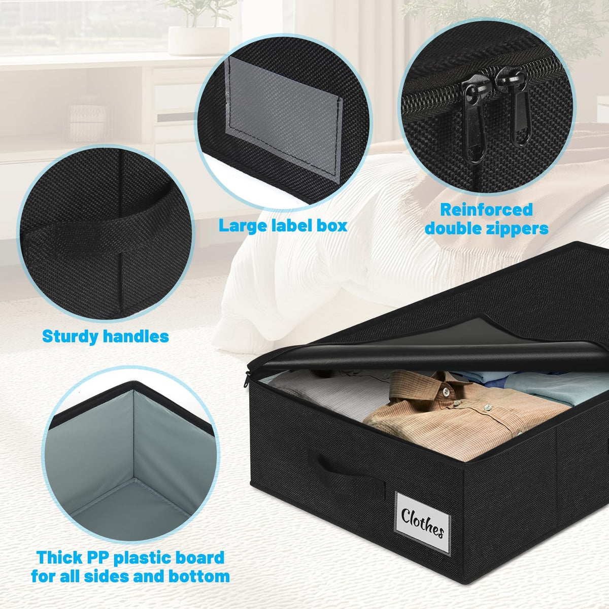 Under Bed Storage Container Bin 3 Pack, Low Profile Foldable Underbed Clothes Storage Organizer W/ Ultra Thick Fabric and Sturdy Bottom/Sides, Dual Zipper Storage Box for Dorm and Home 30x16x6.7"