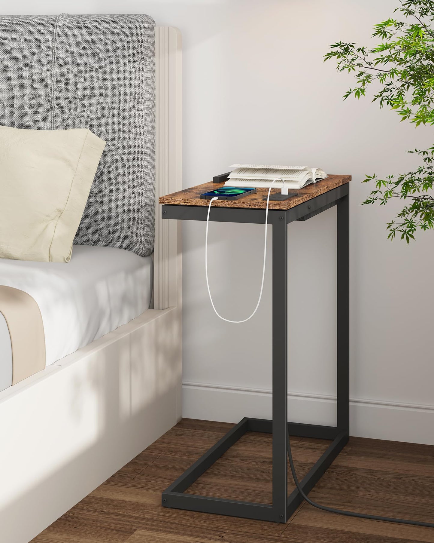 TUTOTAK C Shaped End Table with Charging Station, Tilting Laptop Stand Side Table, Under Couch Table for Living Room Bedroom, Brown TB01BB090