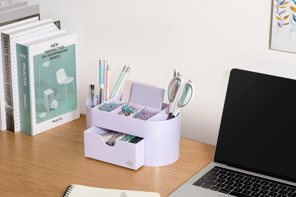 My Space Organizers Lavender Desk Organizer for Office Supplies and Desk Accessories - Pen Holder Desktop Organization for Room College Dorm Home School (White Lavender)