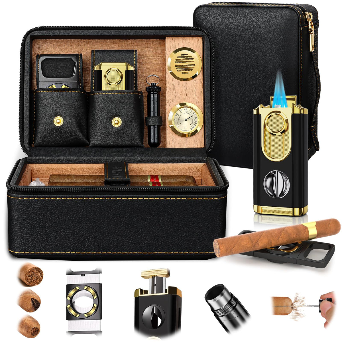 Travel Cigar Humidor Set, 2-Layer Design & CedarWood Lined, with Cigar Lighter Built-in V Cutter&Holder, Cigar Cutter, Draw Enhancer, Hygrometer, Humidifier, Portable Leather Cigar Case, Gifts for Men