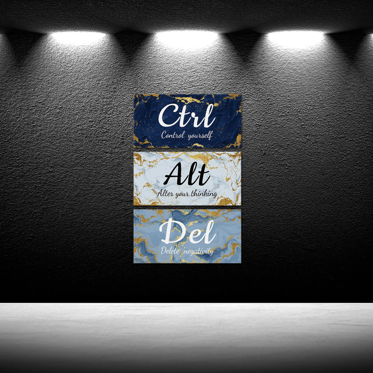 iKNOW FOTO 3 Pieces Blue Grey and Gold Wall Art CTRL ALT DEL Office Canvas Prints Marble Inspirational Quotes Motivational Wall Decor Each Panel 6x12''