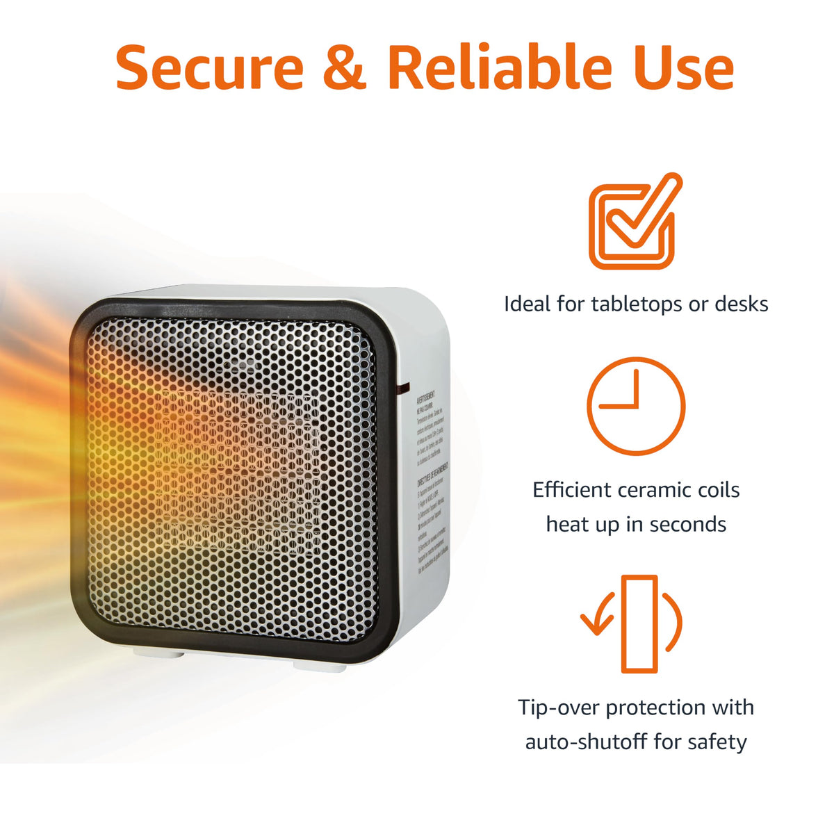 Amazon Basics Ceramic Space Heater, Portable Mini Heater for Office Desk, 500W, With Tip-Over Protection, Lightweight 1.4 lbs, White, 5.9"D x 3.2"W x 6"H