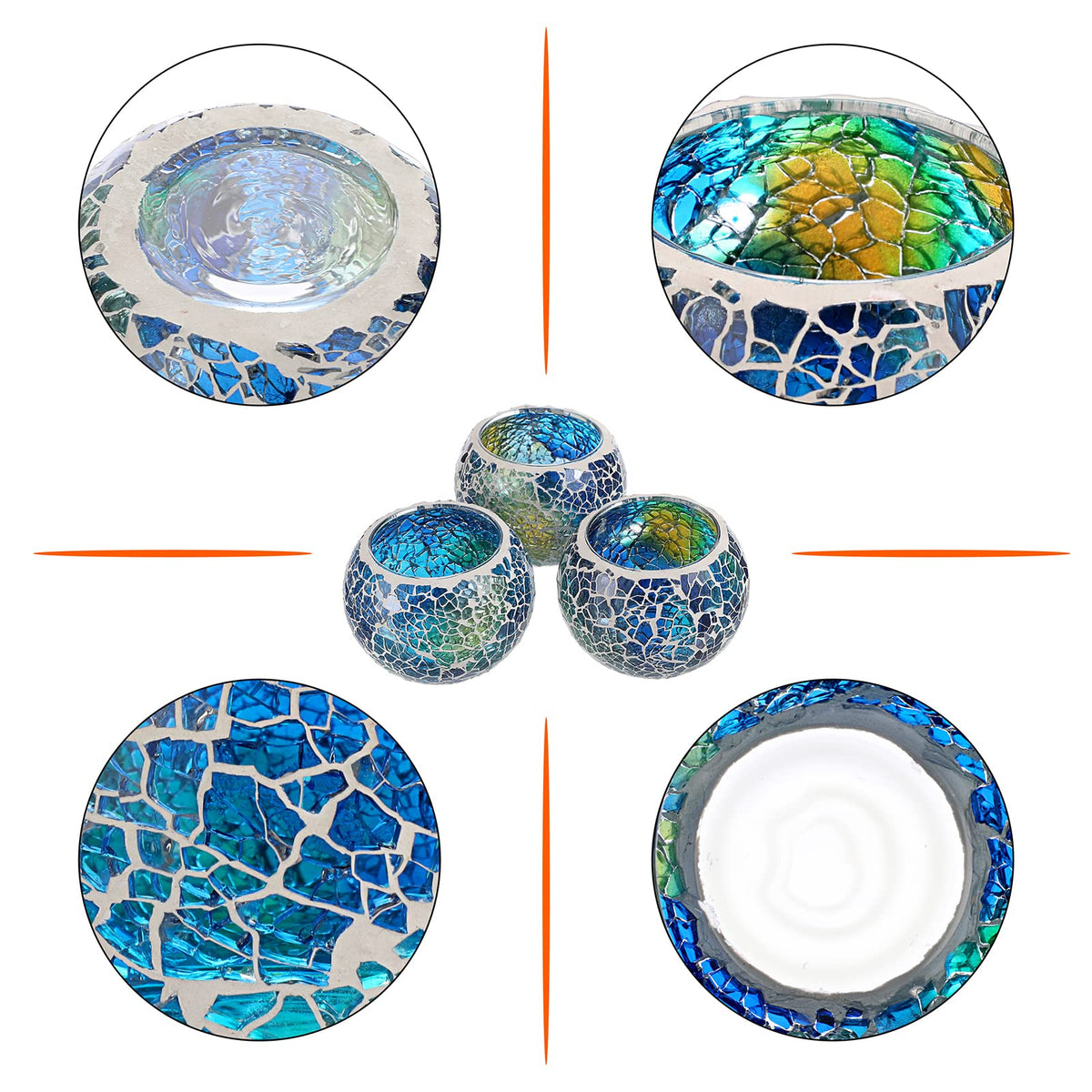 OwnMy Set of 3 Blue Mosaic Glass Tea Light Holders Round Bowl Votive Candle Holders Pillar Candle Stands, Glass Mosaic Tealight Holders Potted Plant Bowl Vase Candle Centerpiece for Table Wedding