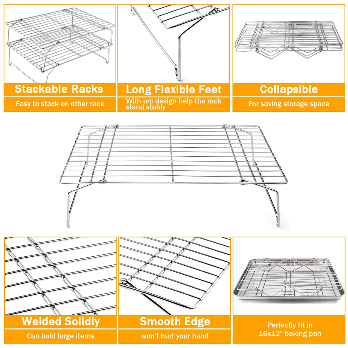 TeamFar Cooling Rack, 5-Tiers Stainless Steel Baking Cooling Wire Rack for Baking Roasting Cooking, Healthy & Firmly Weld, Stackable & Collapsible, Dishwasher Safe, 15”x10”