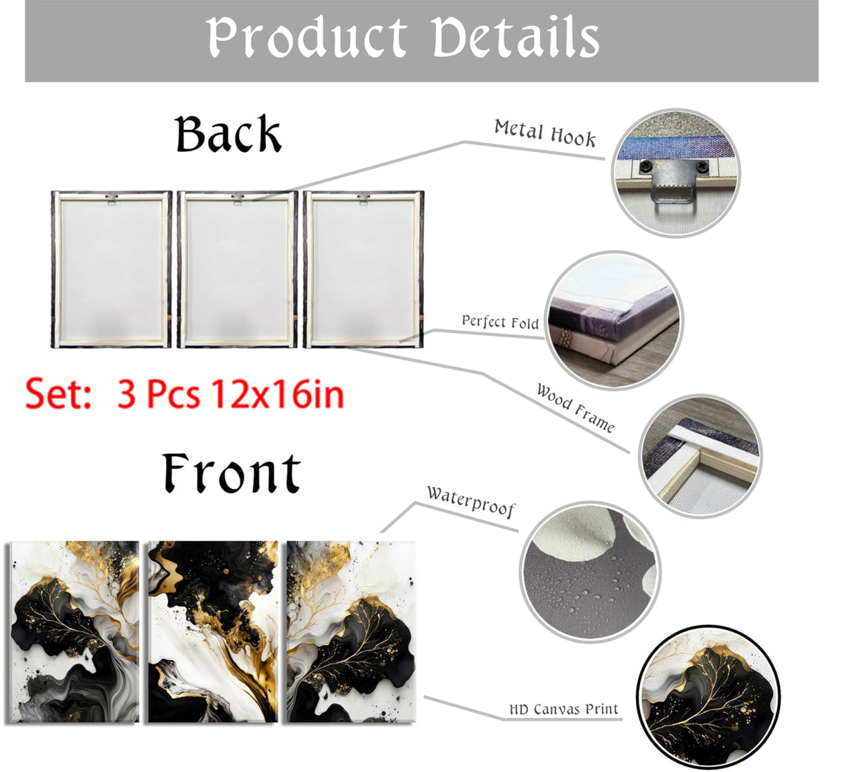 3Pcs Abstract Marble Canvas Wall Art Picture Black White Gold Texture Poster Print Modern Painting Wall Decor for Bedroom Living Room Office 12x16in Framed