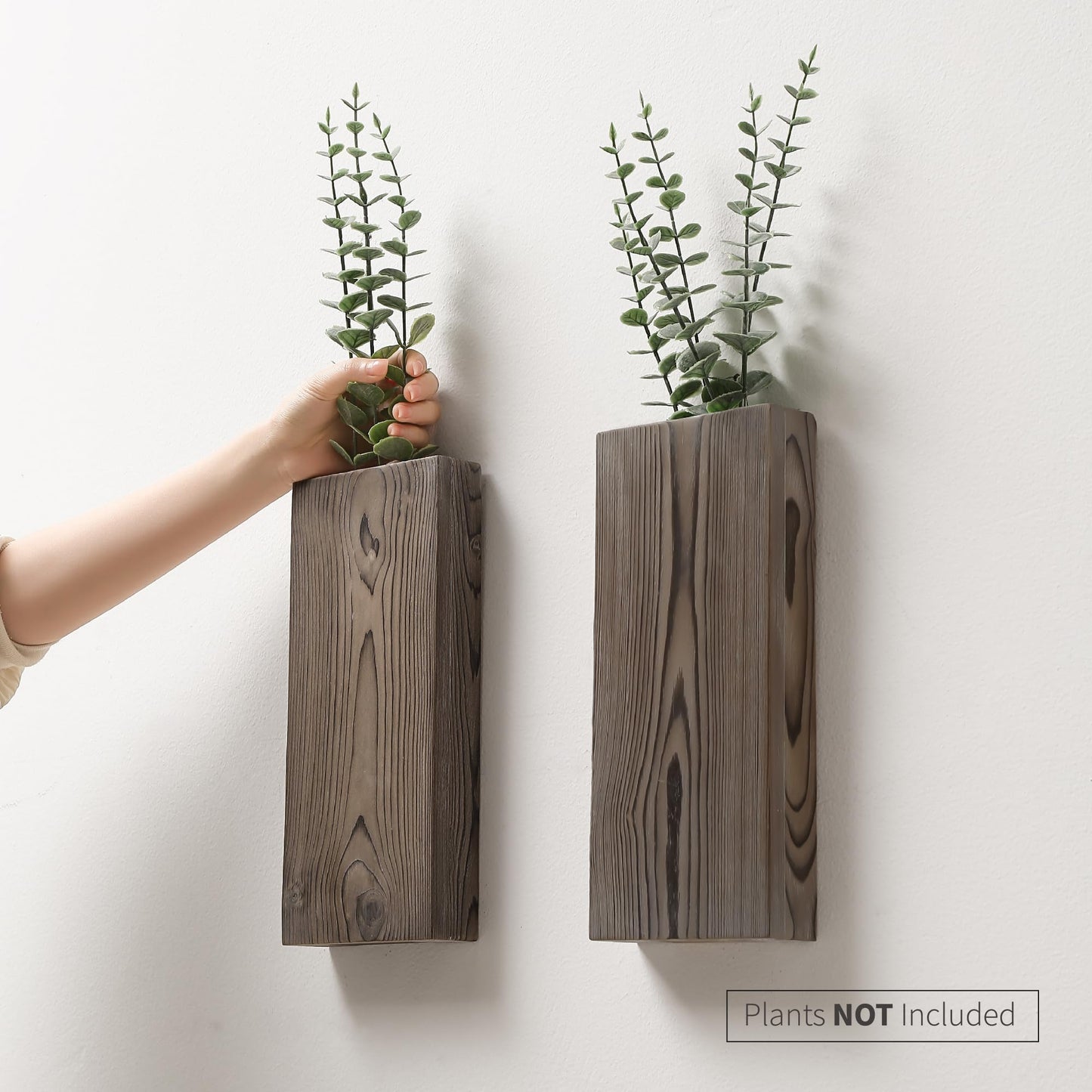 Wood Wall Planter Set of 2, Wood Wall Pocket for Greenery and Dried Flowers, Indoor Wood Hanging Vase, Modern Farmhouse Wall Decor for Living Room Bedroom Office Eucalyptus Stems Decorations (Grey)