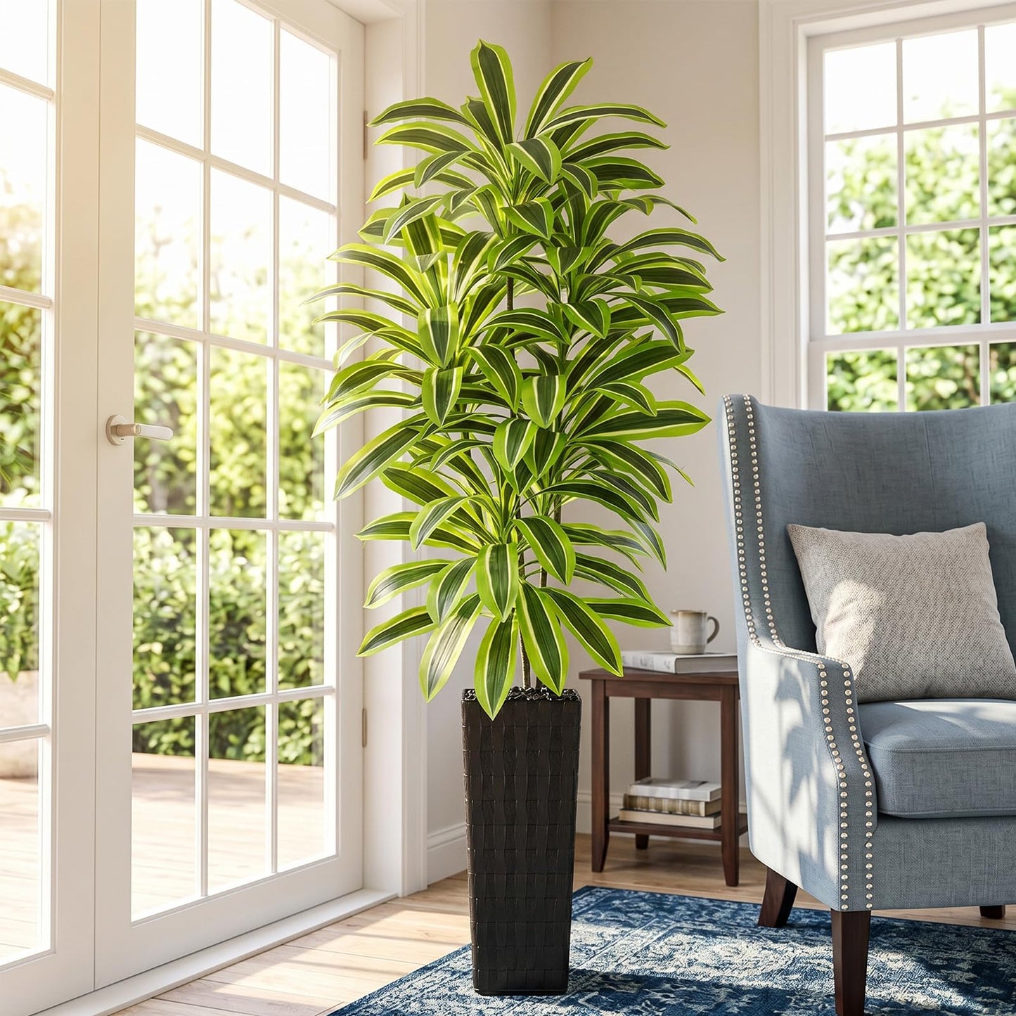 Artifical Yellow Dracaena Tree Indoor, 7FT Tall Fake Floor Plants with Black Planter & Pebbles, Fuax Silk Yucca Tree for Home Office Living Room Bedroom Farmhouse Modern Outdoor Topiary Tree