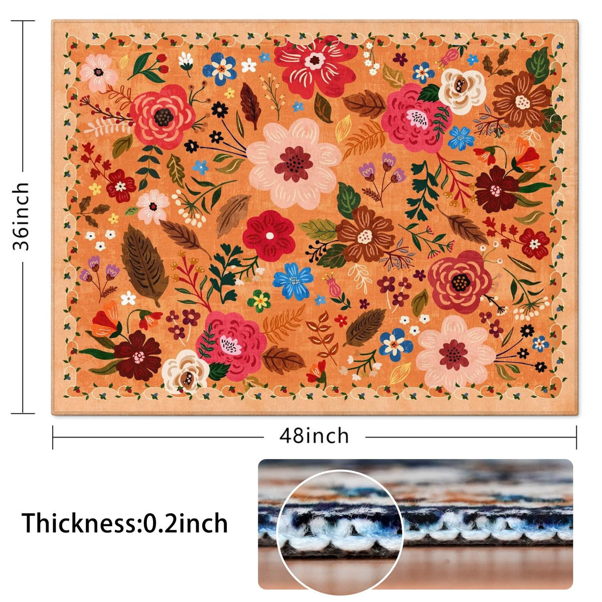 Office Chair Mat for Hardwood & Tile Floor,Boho Floral 36"x48" Computer Chair Mat for Rolling Chairs Carpet,Under Desk Non Slip Gaming Rug,Low-Pile Rubber Backing Large Protector Mat(Orange)