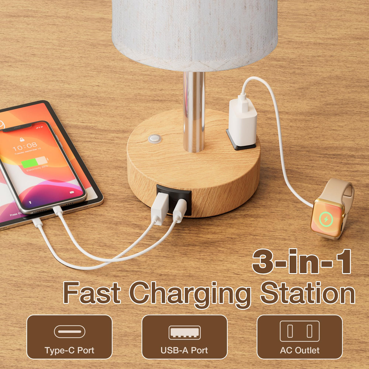 Touch Bedside Table Lamp with Memory - Stepless Dimmable Lamp for Bedroom, Small Nightstand Lamp with Dual USB Charging Ports and AC Outlet, Wood Night Light, Deak Lamp for Nursery, Living Room, Dorm