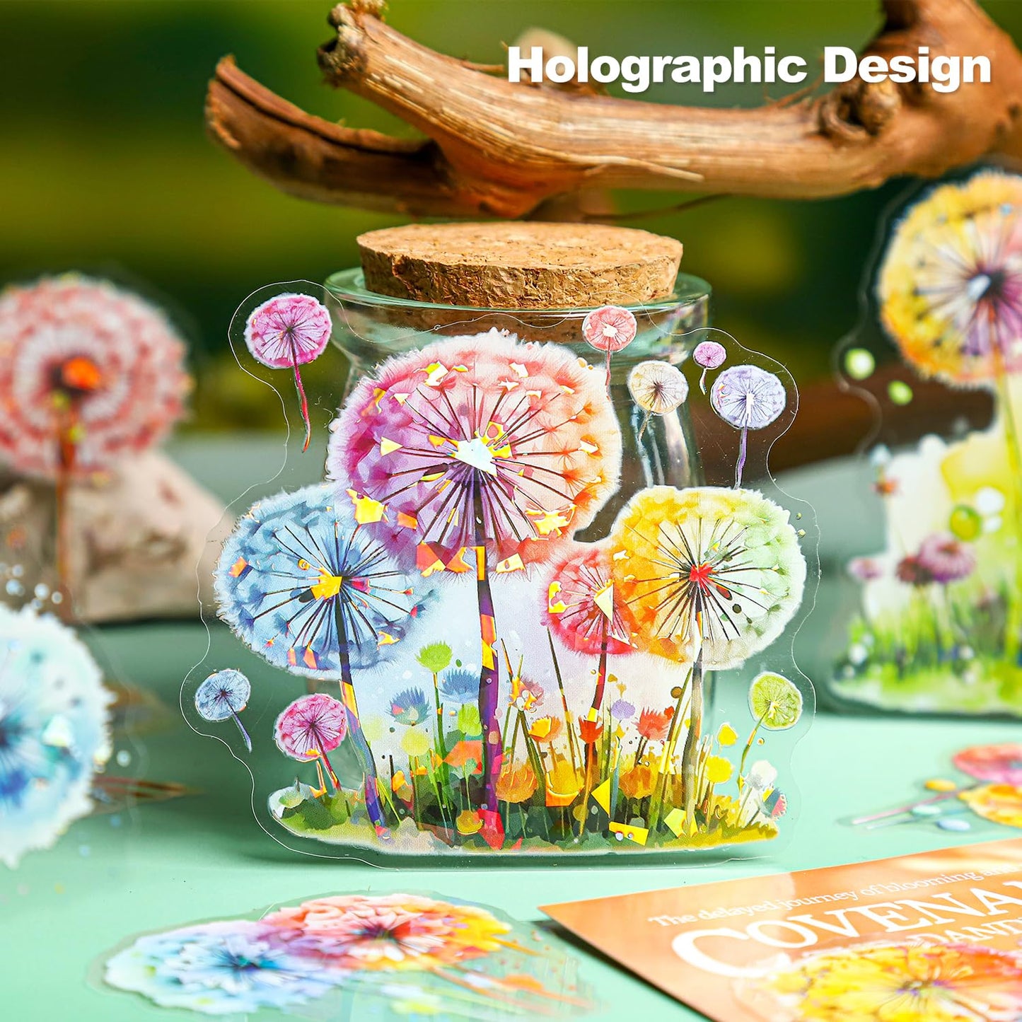 AuriicLeaf Dandelion Floral PET Stickers Set, 60PCS Holographic Botanical Flower Stickers for Scrapbooking, Journaling, DIY Crafts, and Art Supplies
