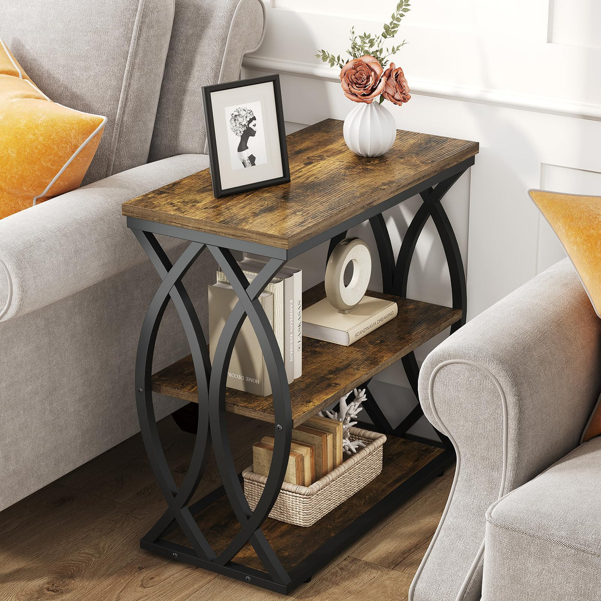 FJLHOHG End Table, Narrow Side Table, 3-Tier End Table with Metal Frame, Living Room Side Table with Storage for Couch, Sofa, Bedroom, Small Spaces, Easy Assembly, 23.6"D*11.8"W*23.6"H, Rustic Brown