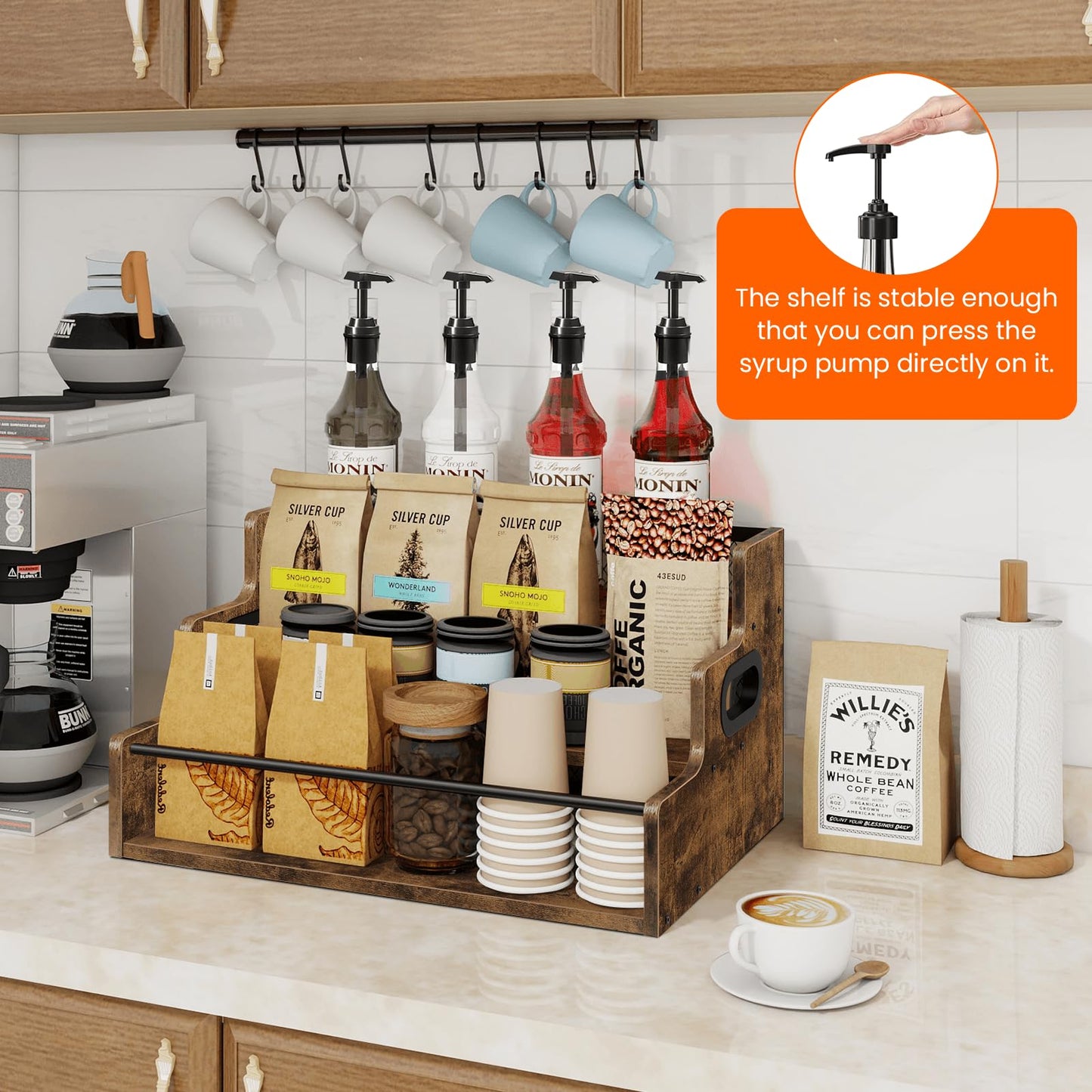 Homode Liquor Bottle Display Shelf, 3 Step Coffee Syrup Rack Organizer, Countertop Liquor Wine Rack, Mini bar, Liquor Cabinet, Home Retro Bar Shelf Stand for Whiskey Alcohol Drink