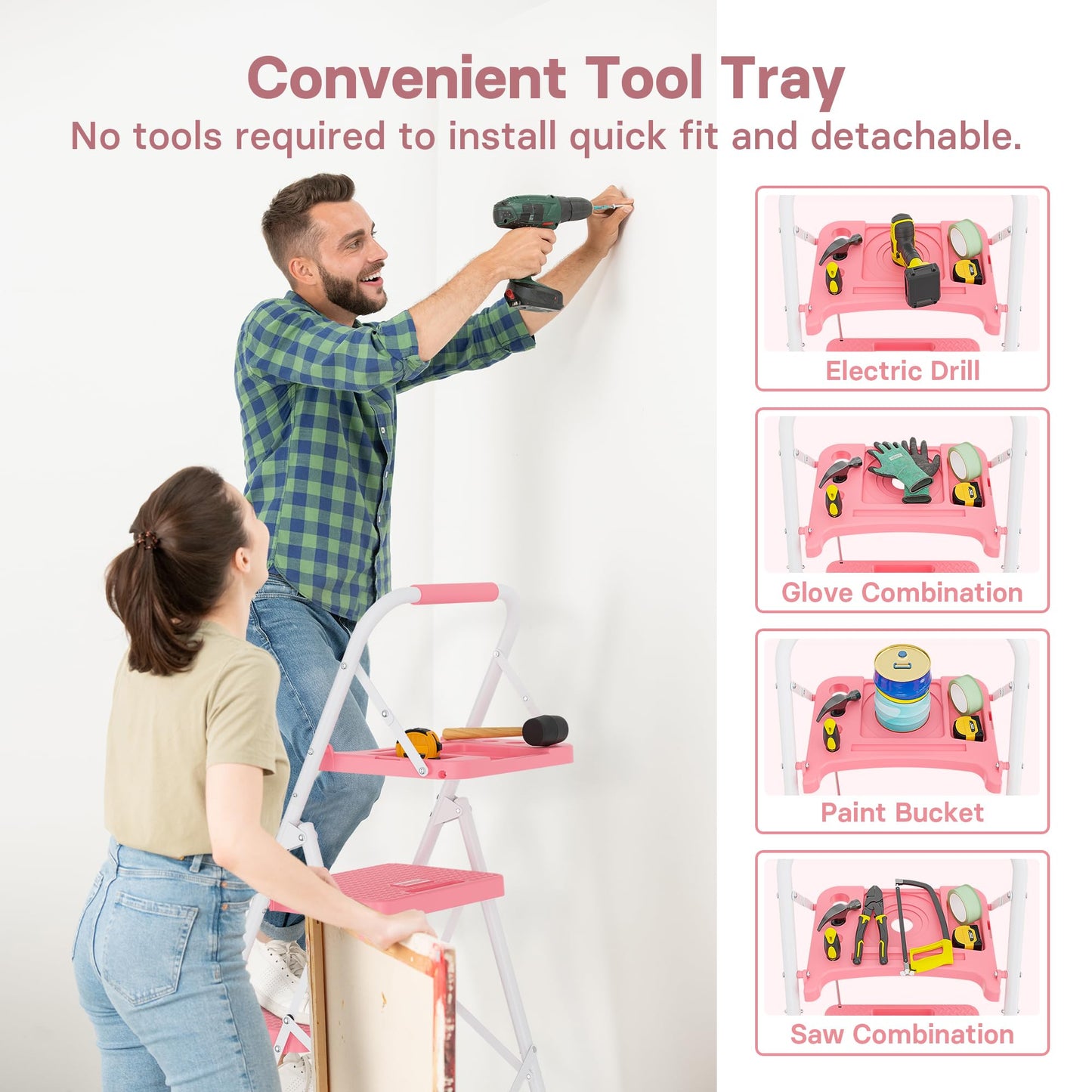 BONTEC 4-Step Ladder, 400lbs Max Load, Folding Step Stool with Tool Tray, Anti-Slip Pedals, Sturdy Steel, Lightweight Portable Ladder with Handrail for Home & Work Use, Pink