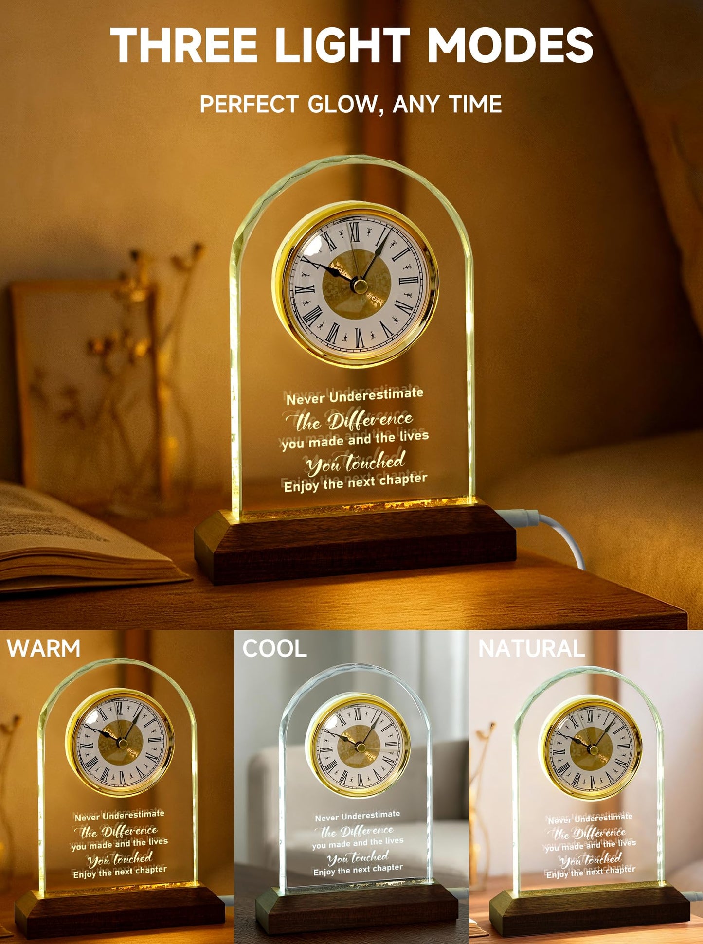 Glass Retirement Clock Gift for Woman Men with Wooden Light Base – Farewell Engraved Plaque for Coworker Boss – Going Away Leaving Gifts – Congratulations Retired Gift Idea for Friends Teacher Doctor